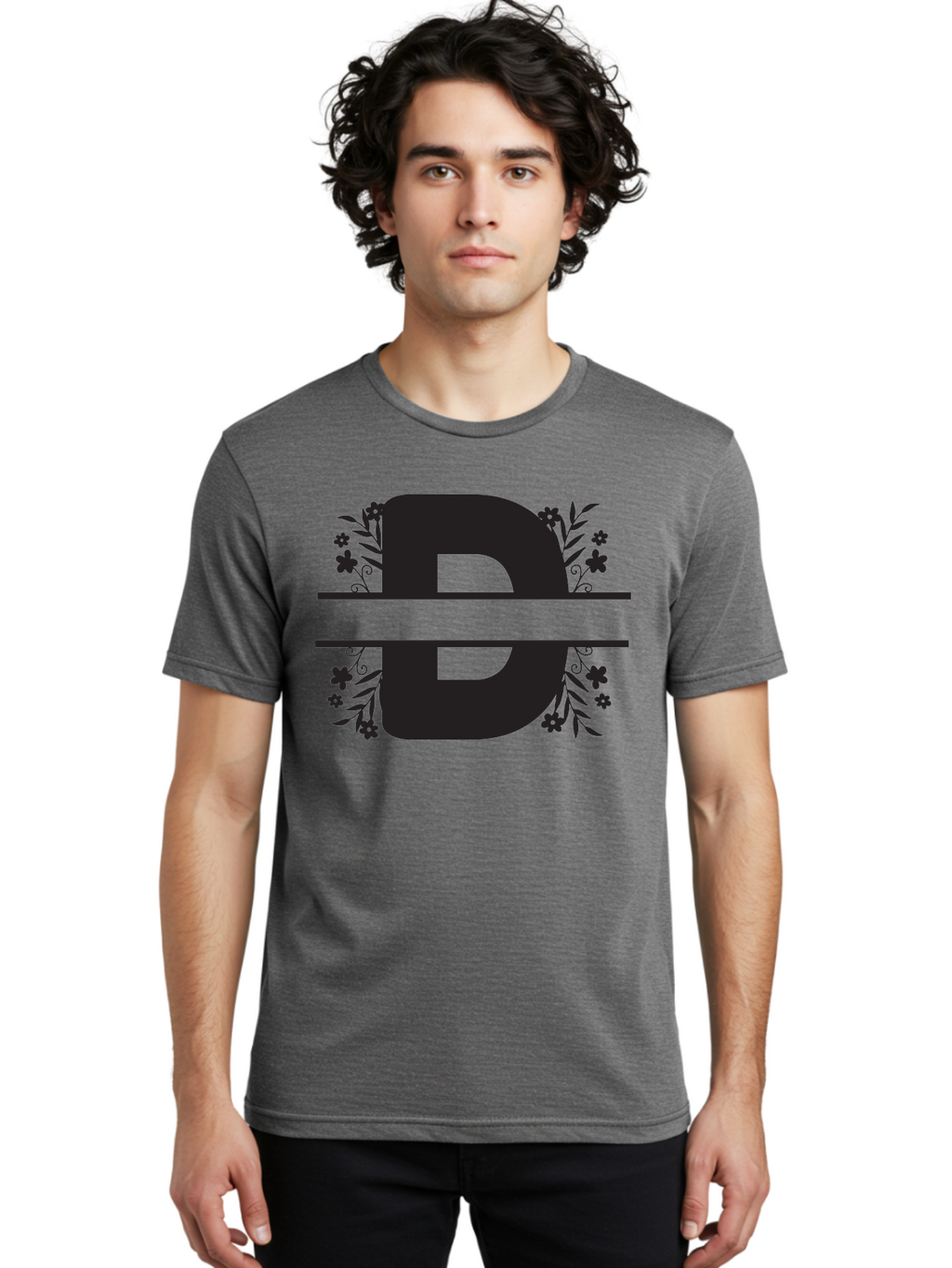 B-B-Floral-Design Men'S Graphic Tee, 100% Cotton, Comfortable Casual Summer Wear, Machine Washable, Letter B, Floral Design, Decorative Elements, Floral Patterns, Ornate Details, Black And Green, Bold Typography, Flower Motifs, Aac482
