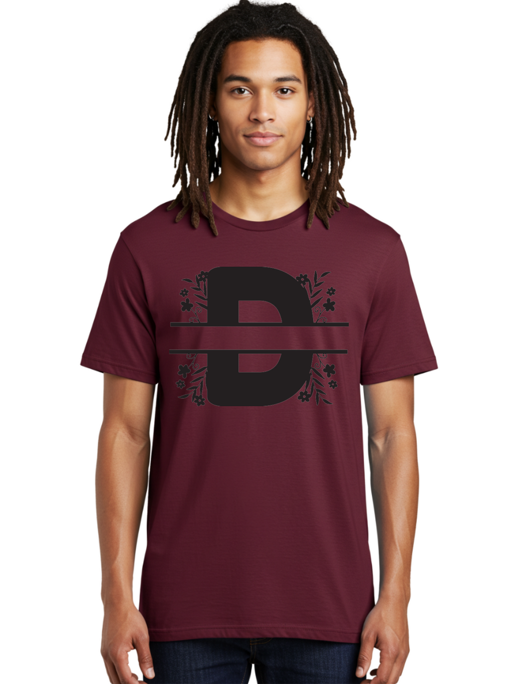 B-B-Floral-Design Men'S Graphic Tee, 100% Cotton, Comfortable Casual Summer Wear, Machine Washable, Letter B, Floral Design, Decorative Elements, Floral Patterns, Ornate Details, Black And Green, Bold Typography, Flower Motifs, Aac482