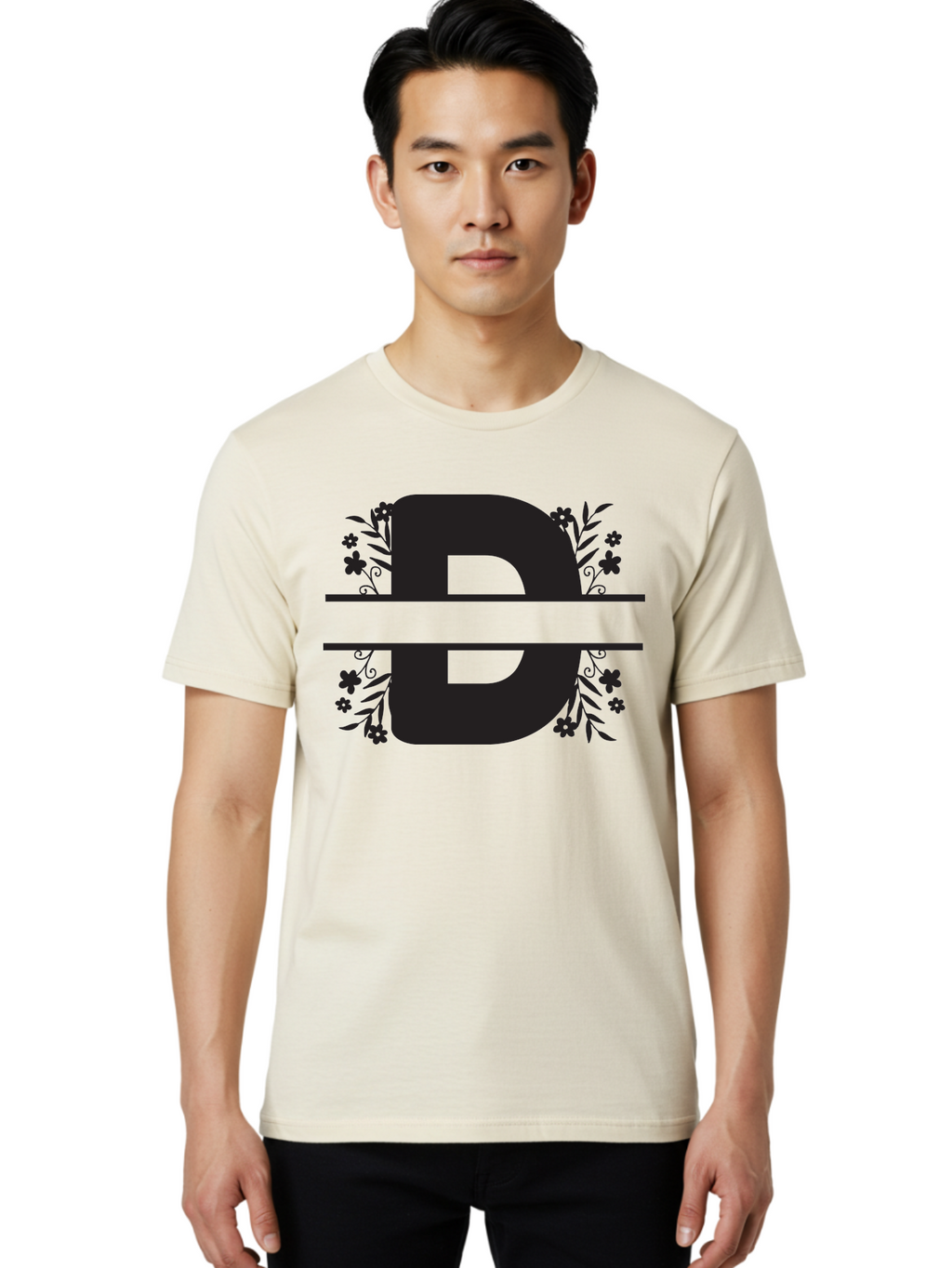 B-B-Floral-Design Men'S Graphic Tee, 100% Cotton, Comfortable Casual Summer Wear, Machine Washable, Letter B, Floral Design, Decorative Elements, Floral Patterns, Ornate Details, Black And Green, Bold Typography, Flower Motifs, Aac482