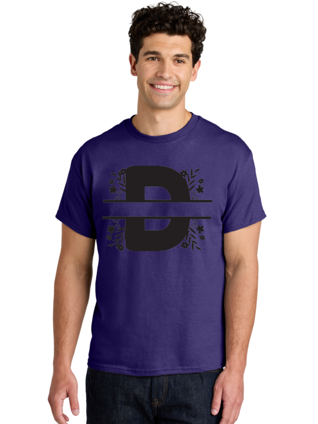B-B-Floral-Design Men'S Graphic Tee, 100% Cotton, Comfortable Casual Summer Wear, Machine Washable, Letter B, Floral Design, Decorative Elements, Floral Patterns, Ornate Details, Black And Green, Bold Typography, Flower Motifs, Aac482