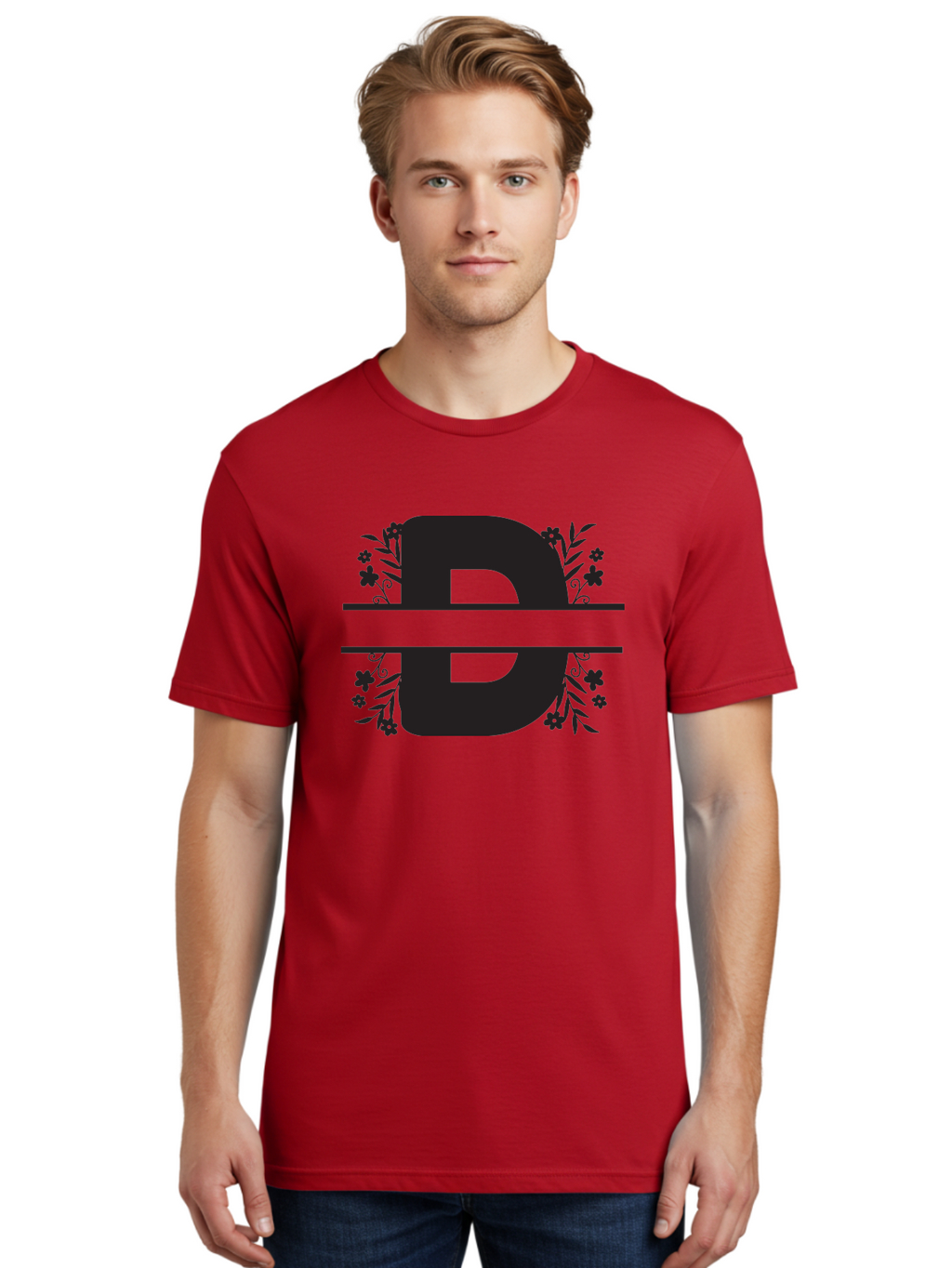 B-B-Floral-Design Men'S Graphic Tee, 100% Cotton, Comfortable Casual Summer Wear, Machine Washable, Letter B, Floral Design, Decorative Elements, Floral Patterns, Ornate Details, Black And Green, Bold Typography, Flower Motifs, Aac482