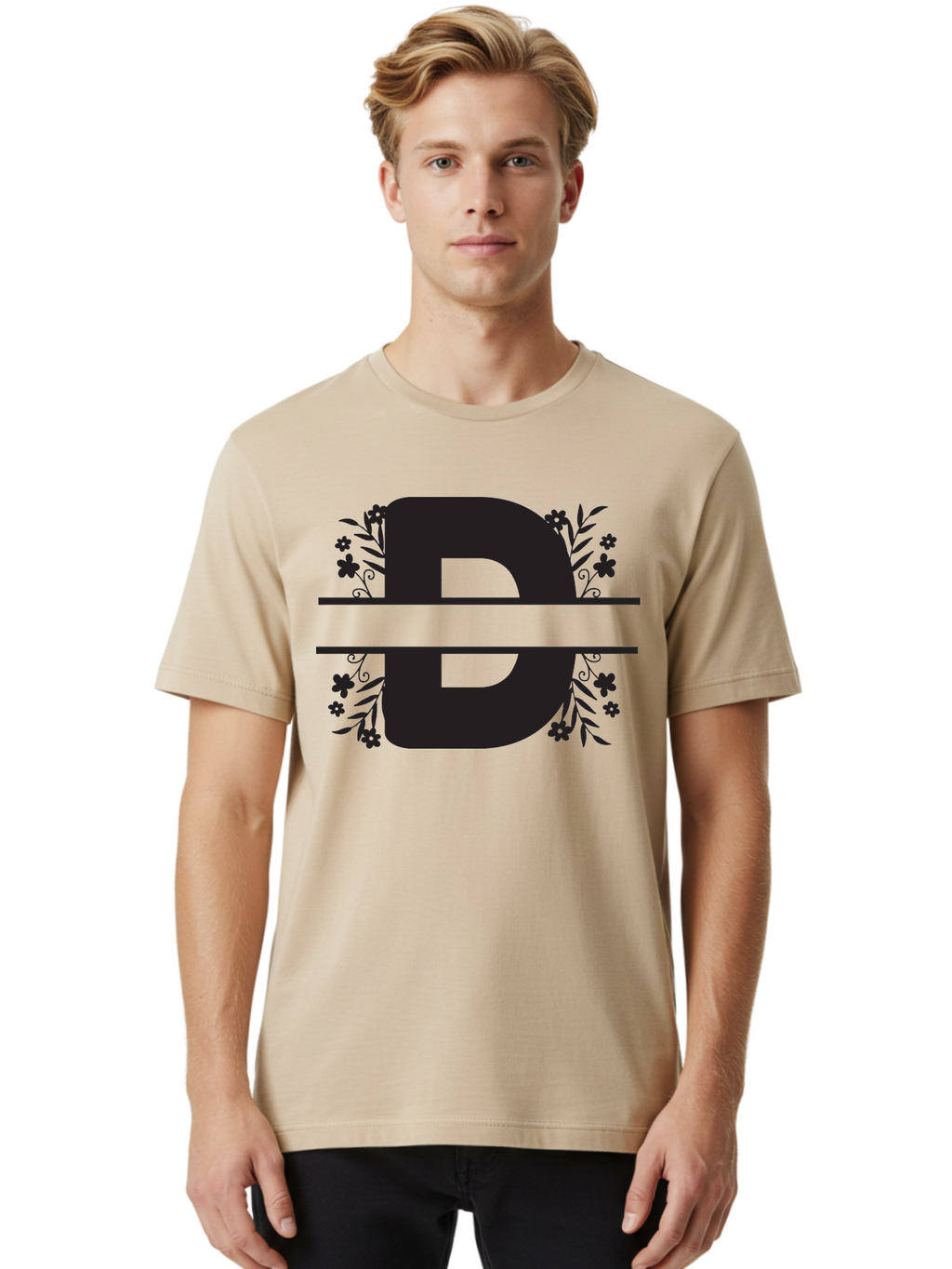 B-B-Floral-Design Men'S Graphic Tee, 100% Cotton, Comfortable Casual Summer Wear, Machine Washable, Letter B, Floral Design, Decorative Elements, Floral Patterns, Ornate Details, Black And Green, Bold Typography, Flower Motifs, Aac482