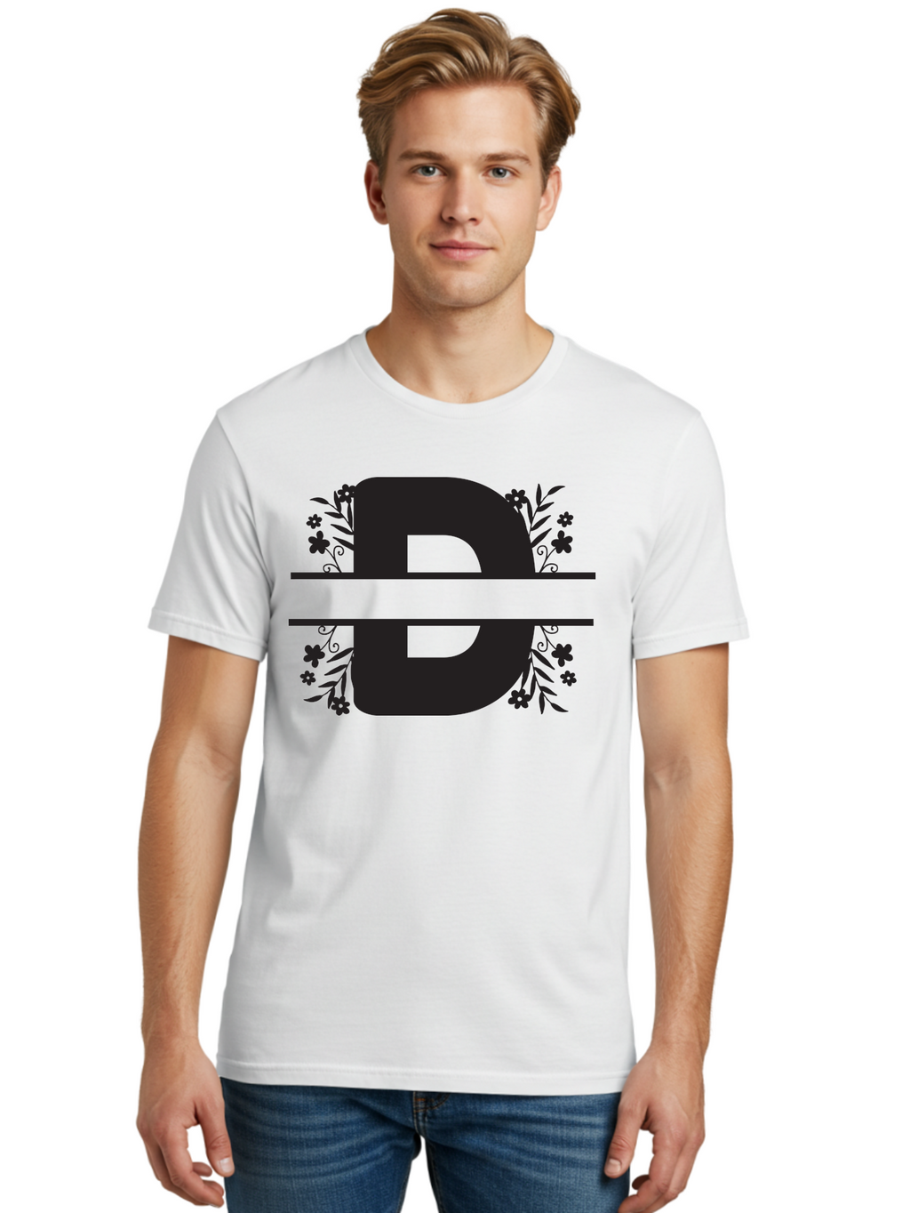 B-B-Floral-Design Men'S Graphic Tee, 100% Cotton, Comfortable Casual Summer Wear, Machine Washable, Letter B, Floral Design, Decorative Elements, Floral Patterns, Ornate Details, Black And Green, Bold Typography, Flower Motifs, Aac482