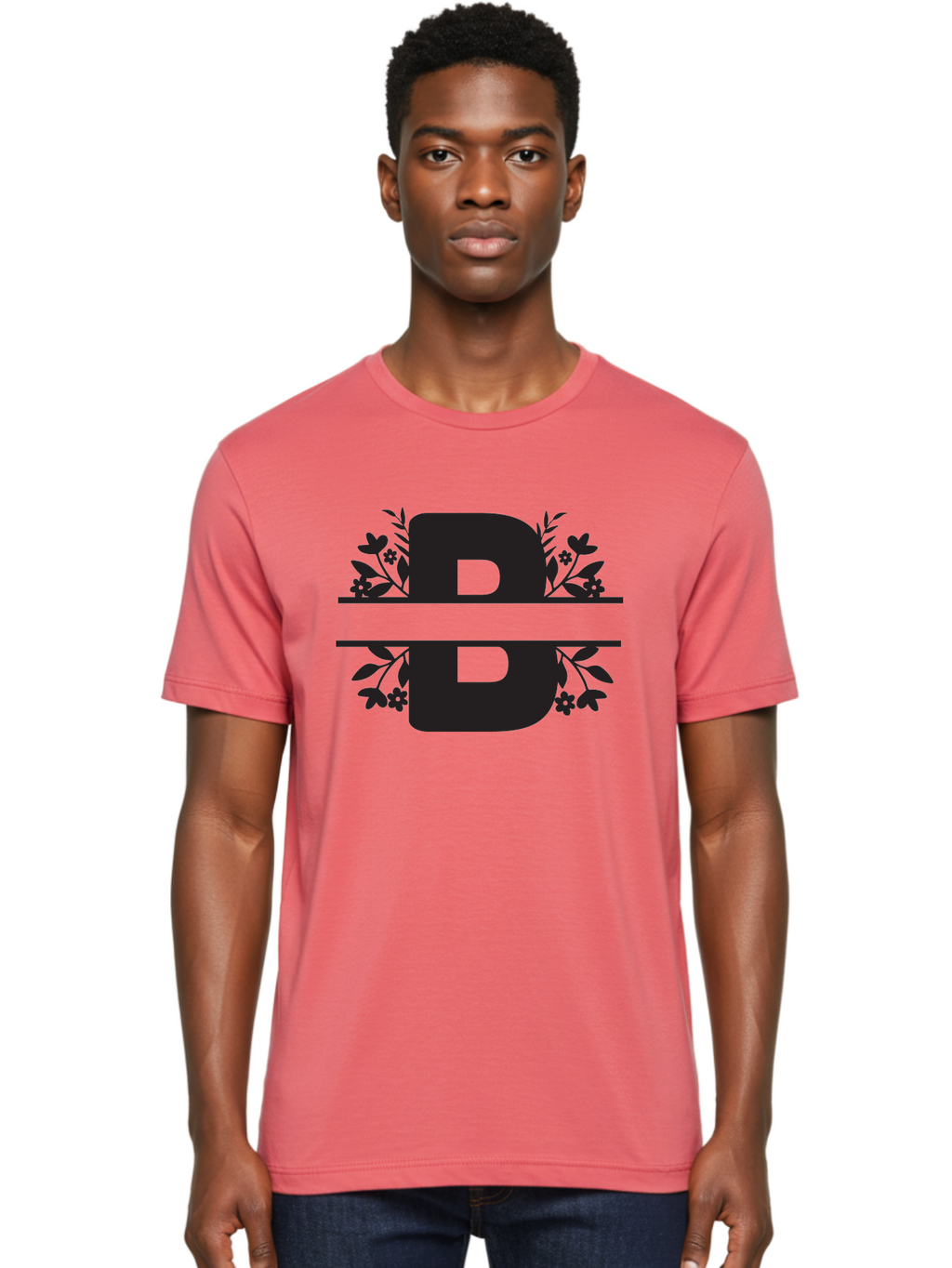 B-Floral Men'S Graphic Tee, 100% Cotton, Comfortable Casual Summer Wear, Machine Washable, Floral Design, Alphabet B, Black Letters, Flower Pattern, Leaves, Floral Arrangement, Typography Aac483