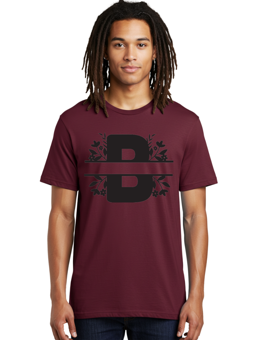 B-Floral Men'S Graphic Tee, 100% Cotton, Comfortable Casual Summer Wear, Machine Washable, Floral Design, Alphabet B, Black Letters, Flower Pattern, Leaves, Floral Arrangement, Typography Aac483