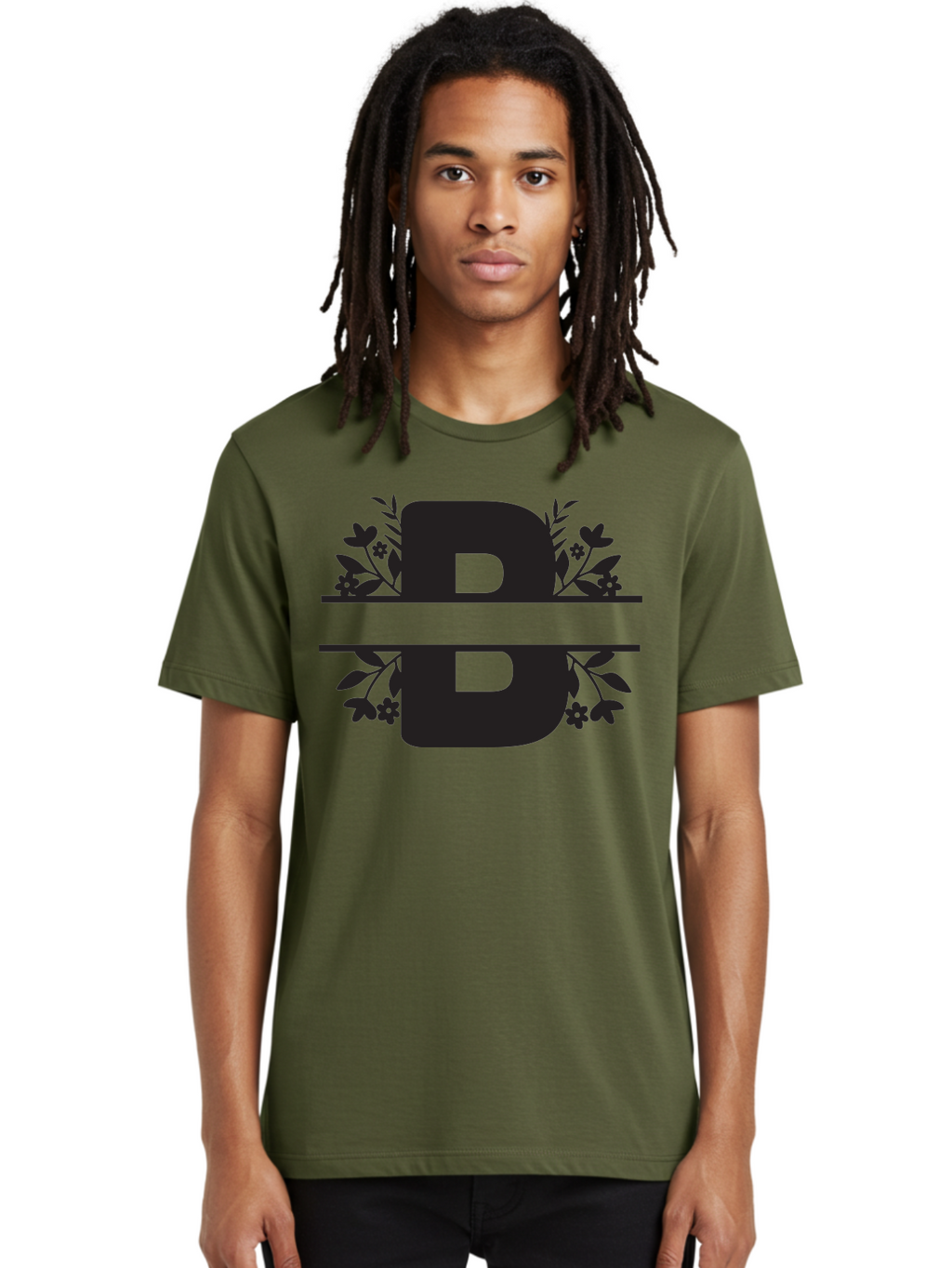 B-Floral Men'S Graphic Tee, 100% Cotton, Comfortable Casual Summer Wear, Machine Washable, Floral Design, Alphabet B, Black Letters, Flower Pattern, Leaves, Floral Arrangement, Typography Aac483