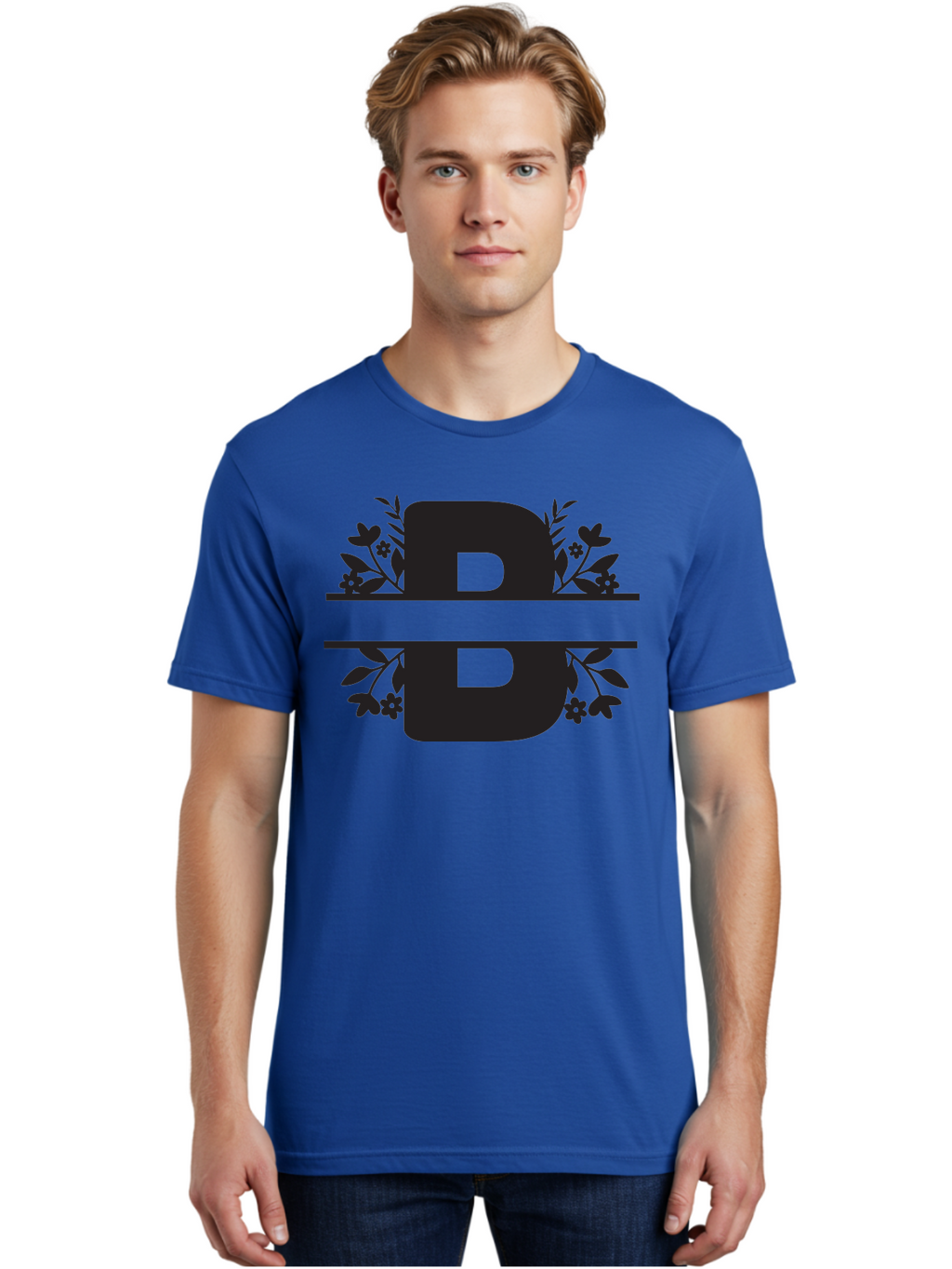 B-Floral Men'S Graphic Tee, 100% Cotton, Comfortable Casual Summer Wear, Machine Washable, Floral Design, Alphabet B, Black Letters, Flower Pattern, Leaves, Floral Arrangement, Typography Aac483