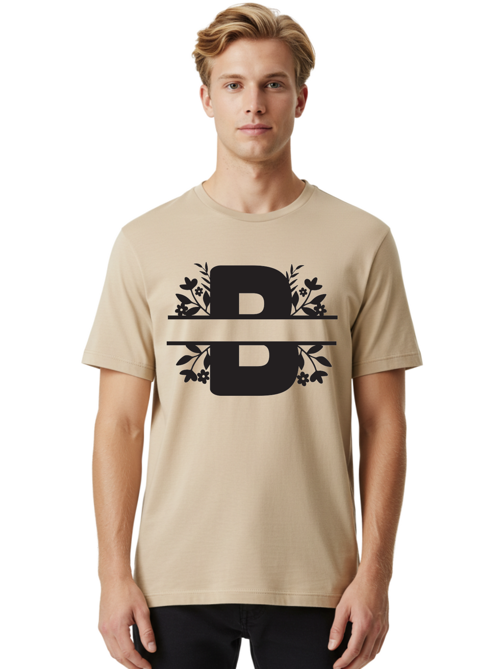 B-Floral Men'S Graphic Tee, 100% Cotton, Comfortable Casual Summer Wear, Machine Washable, Floral Design, Alphabet B, Black Letters, Flower Pattern, Leaves, Floral Arrangement, Typography Aac483