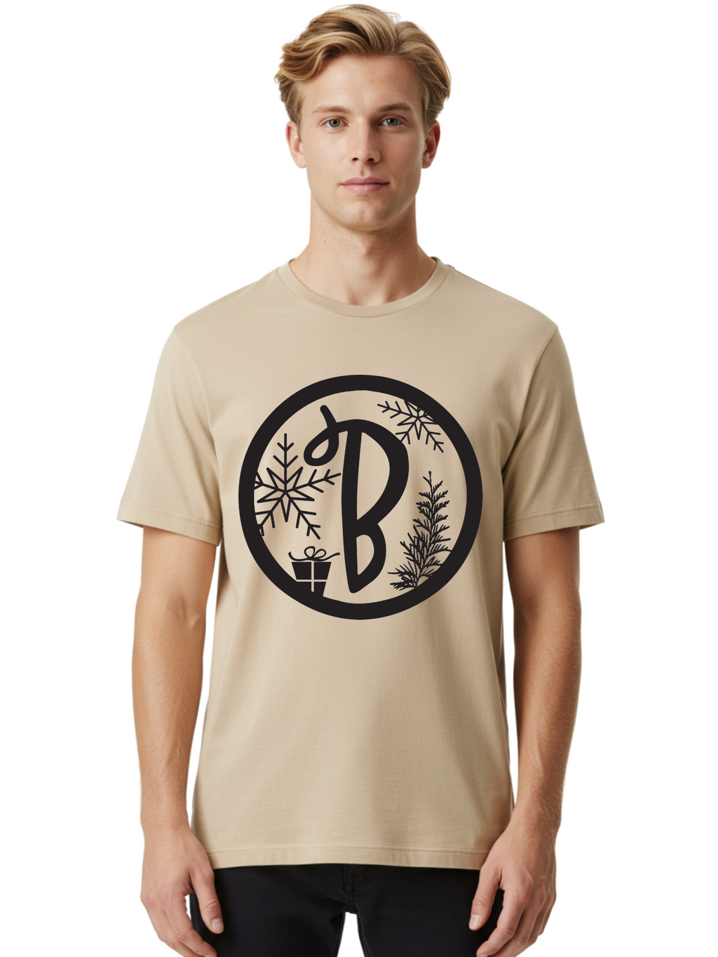 B Men'S Graphic Tee, 100% Cotton, Comfortable Casual Summer Wear, Machine Washable, Christmas Gift, Snowflake, Festive Decorations, Holly Leaves, Holiday Season, Winter Wonderland, Winter Holidays, Gift Box, Christmas Theme Aac484