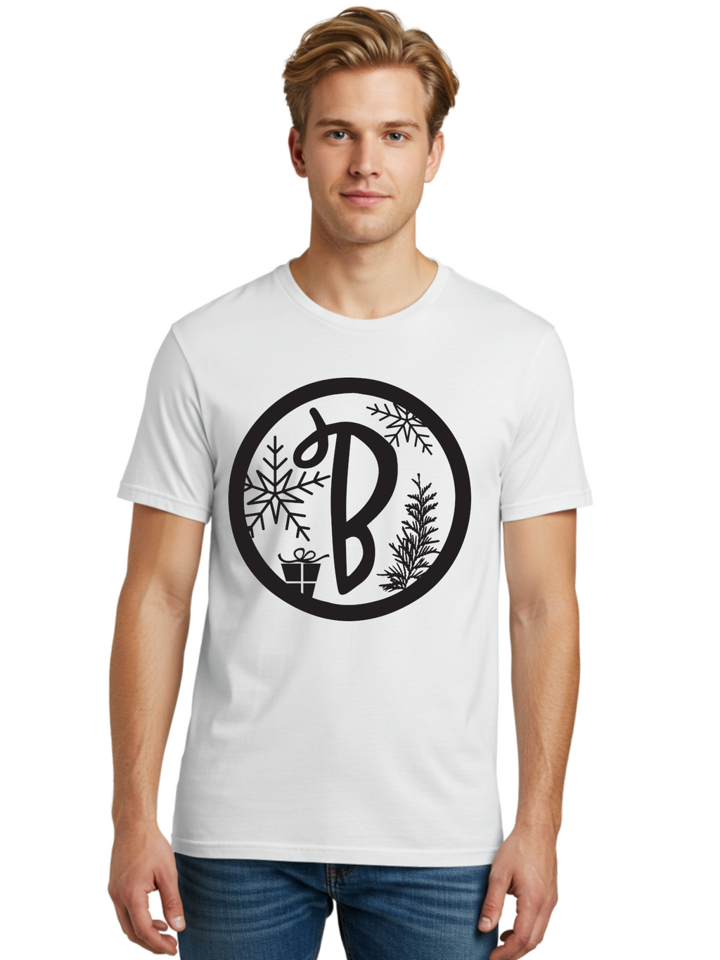 B Men'S Graphic Tee, 100% Cotton, Comfortable Casual Summer Wear, Machine Washable, Christmas Gift, Snowflake, Festive Decorations, Holly Leaves, Holiday Season, Winter Wonderland, Winter Holidays, Gift Box, Christmas Theme Aac484