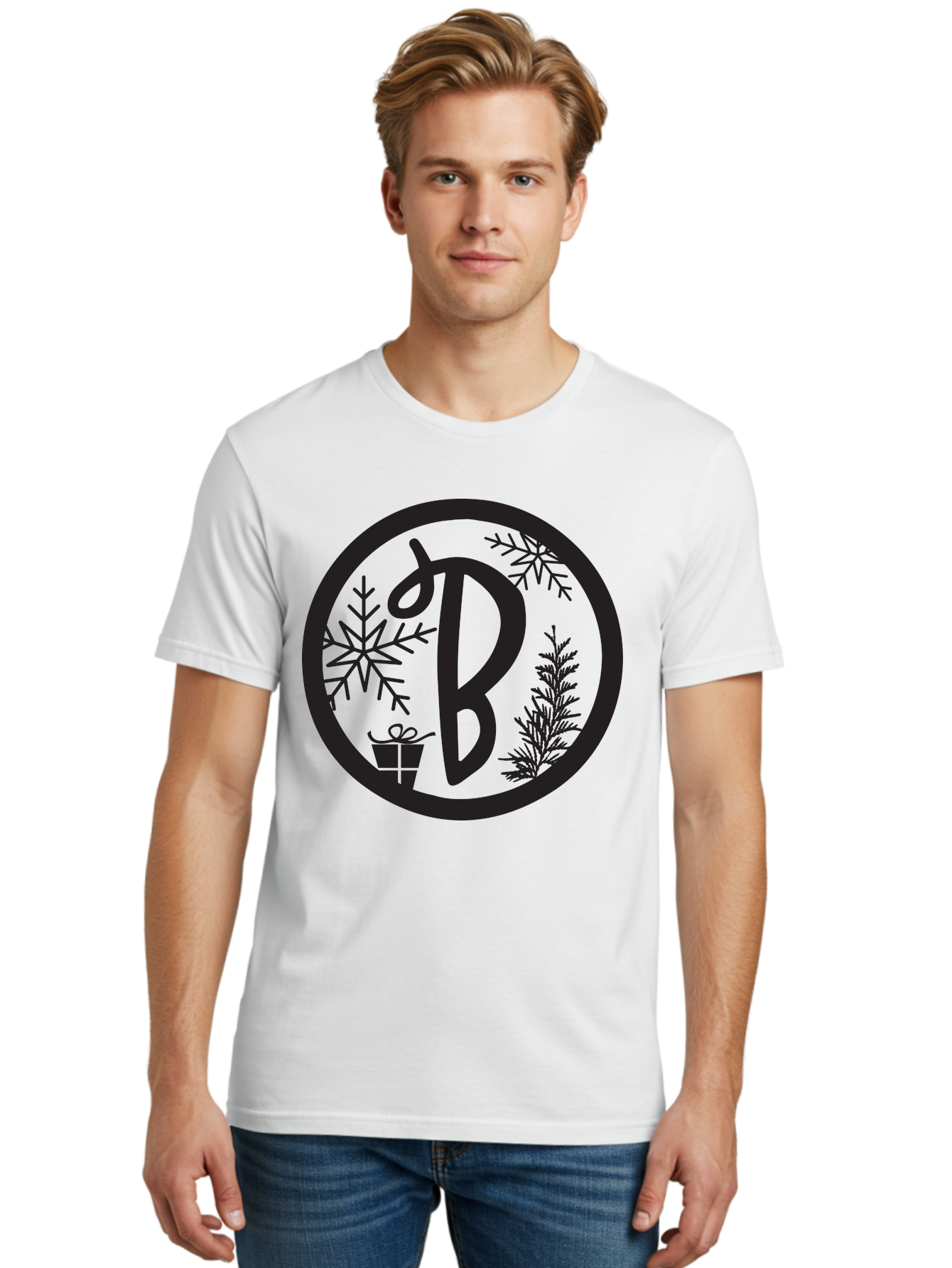 B Men'S Graphic Tee, 100% Cotton, Comfortable Casual Summer Wear, Machine Washable, Christmas Gift, Snowflake, Festive Decorations, Holly Leaves, Holiday Season, Winter Wonderland, Winter Holidays, Gift Box, Christmas Theme Aac484