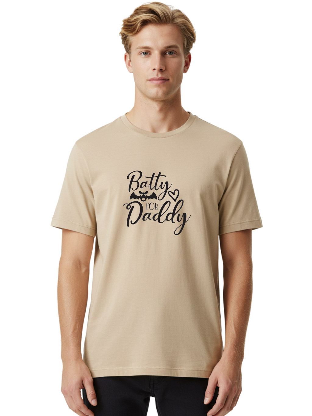 Batty-For-Daddy Men'S Graphic Tee, 100% Cotton, Comfortable Casual Summer Wear, Machine Washable, Batty For Daddy, Halloween Theme, Father'S Day Gift, Bat Design, Heart Symbol, Cursive Text, Love Message Aac490