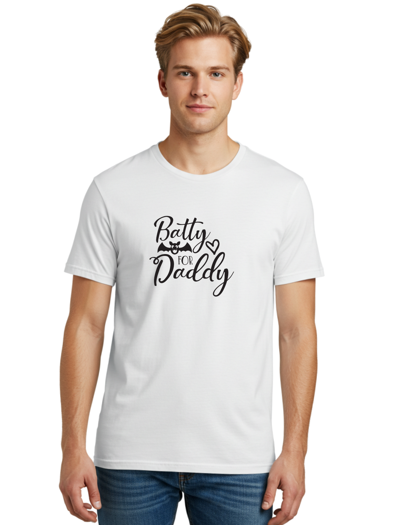 Batty-For-Daddy Men'S Graphic Tee, 100% Cotton, Comfortable Casual Summer Wear, Machine Washable, Batty For Daddy, Halloween Theme, Father'S Day Gift, Bat Design, Heart Symbol, Cursive Text, Love Message Aac490