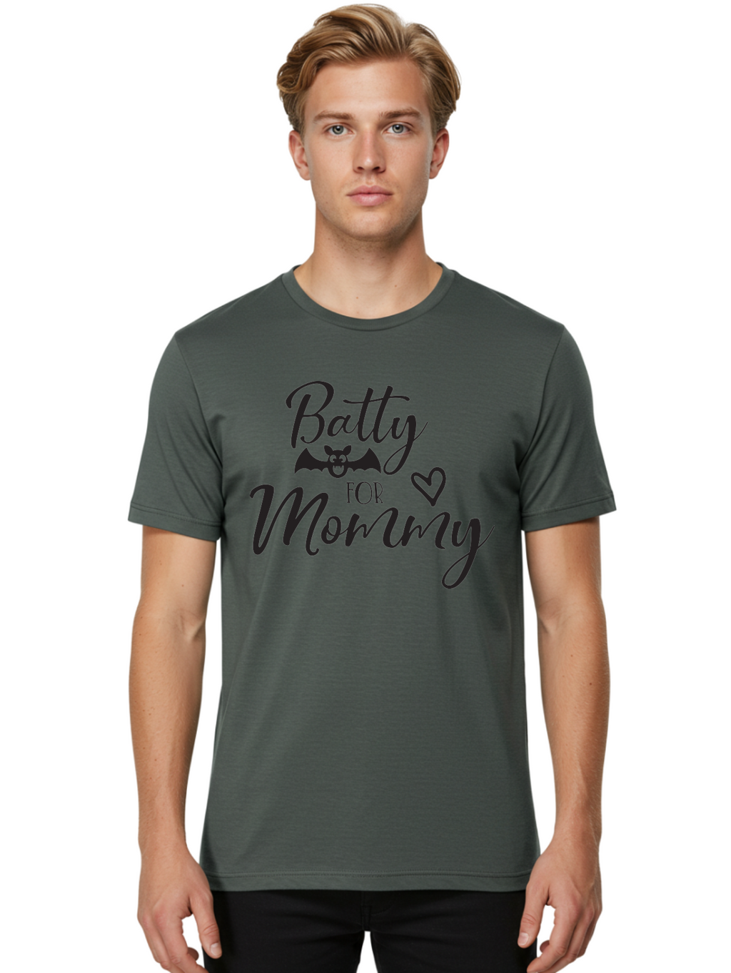 Batty-For-Mommy Men'S Graphic Tee, 100% Cotton, Comfortable Casual Summer Wear, Machine Washable, Halloween Theme, Batty For Mommy, Mother Child Love, Halloween Quotes, Funny Bat Design, Cursive Script, Heart Symbol, Mom Appreciation Aac491