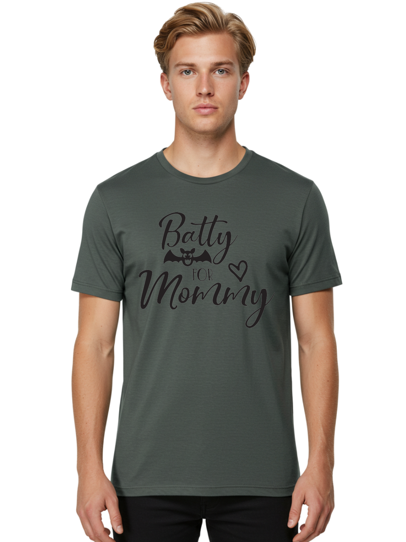 Batty-For-Mommy Men'S Graphic Tee, 100% Cotton, Comfortable Casual Summer Wear, Machine Washable, Halloween Theme, Batty For Mommy, Mother Child Love, Halloween Quotes, Funny Bat Design, Cursive Script, Heart Symbol, Mom Appreciation Aac491