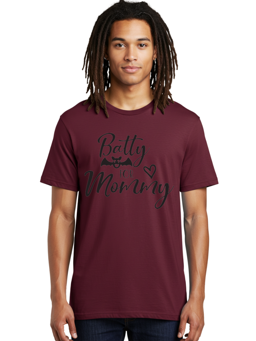 Batty-For-Mommy Men'S Graphic Tee, 100% Cotton, Comfortable Casual Summer Wear, Machine Washable, Halloween Theme, Batty For Mommy, Mother Child Love, Halloween Quotes, Funny Bat Design, Cursive Script, Heart Symbol, Mom Appreciation Aac491