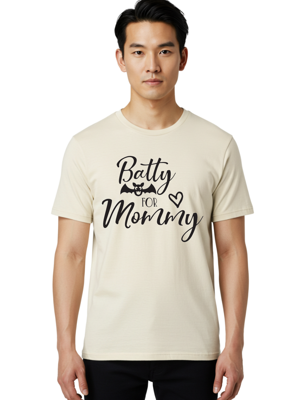 Batty-For-Mommy Men'S Graphic Tee, 100% Cotton, Comfortable Casual Summer Wear, Machine Washable, Halloween Theme, Batty For Mommy, Mother Child Love, Halloween Quotes, Funny Bat Design, Cursive Script, Heart Symbol, Mom Appreciation Aac491