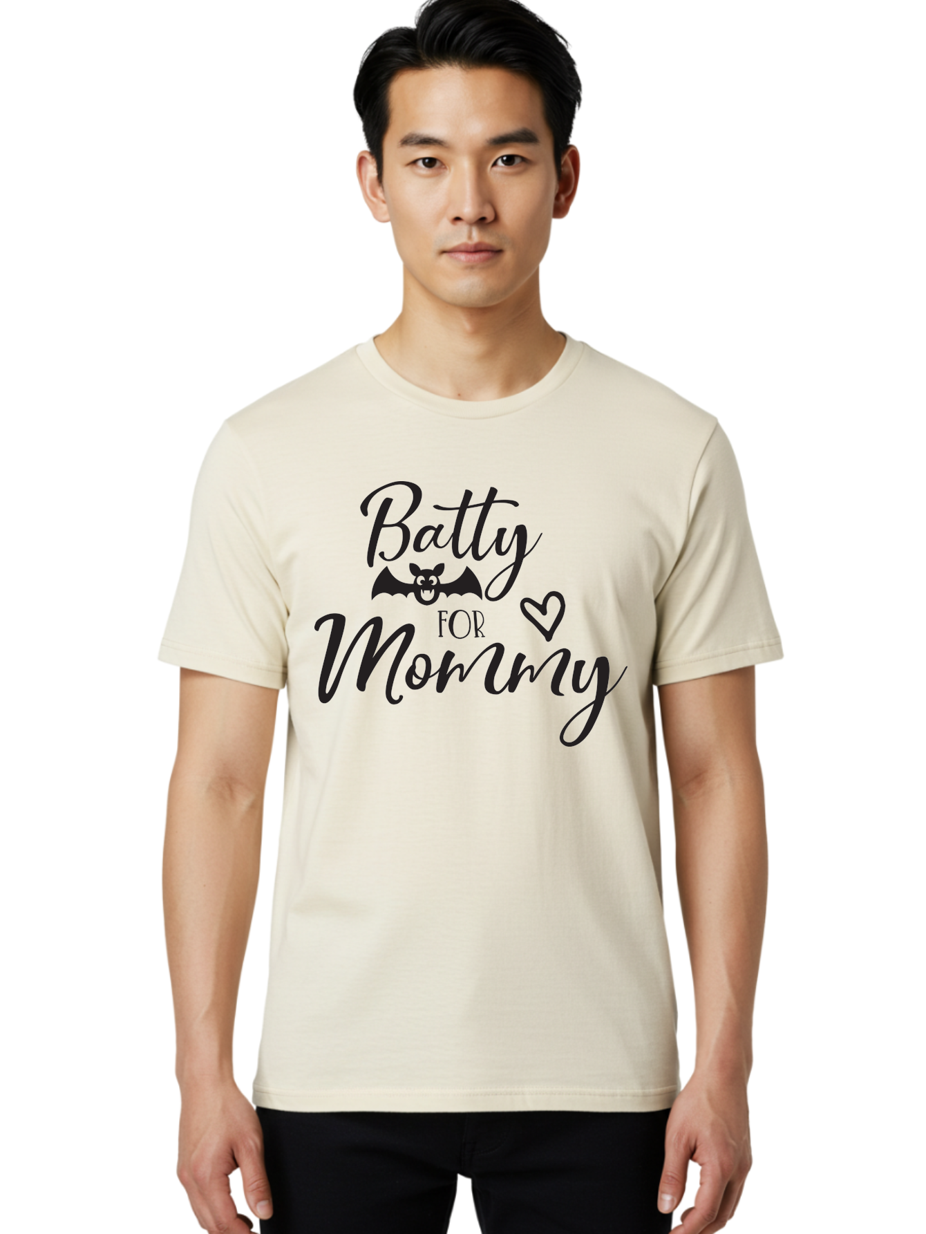 Batty-For-Mommy Men'S Graphic Tee, 100% Cotton, Comfortable Casual Summer Wear, Machine Washable, Halloween Theme, Batty For Mommy, Mother Child Love, Halloween Quotes, Funny Bat Design, Cursive Script, Heart Symbol, Mom Appreciation Aac491