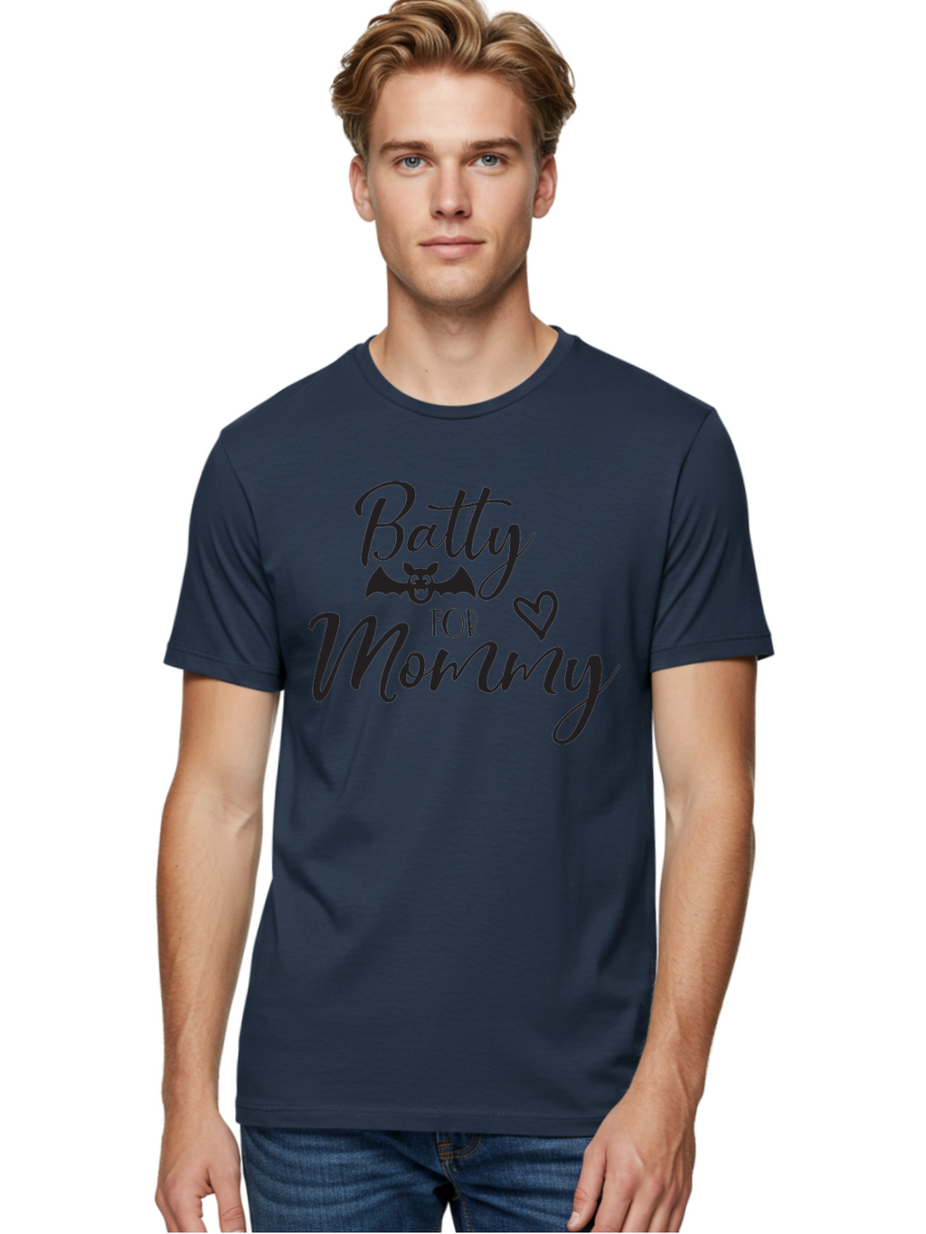 Batty-For-Mommy Men'S Graphic Tee, 100% Cotton, Comfortable Casual Summer Wear, Machine Washable, Halloween Theme, Batty For Mommy, Mother Child Love, Halloween Quotes, Funny Bat Design, Cursive Script, Heart Symbol, Mom Appreciation Aac491