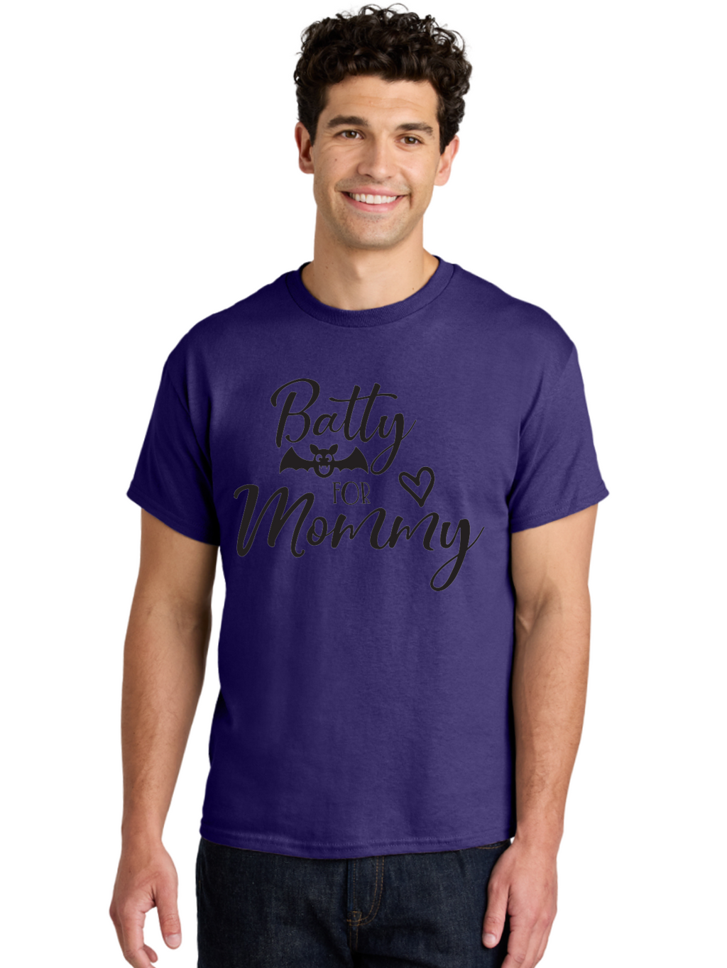 Batty-For-Mommy Men'S Graphic Tee, 100% Cotton, Comfortable Casual Summer Wear, Machine Washable, Halloween Theme, Batty For Mommy, Mother Child Love, Halloween Quotes, Funny Bat Design, Cursive Script, Heart Symbol, Mom Appreciation Aac491