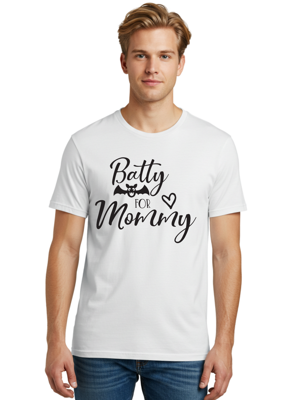 Batty-For-Mommy Men'S Graphic Tee, 100% Cotton, Comfortable Casual Summer Wear, Machine Washable, Halloween Theme, Batty For Mommy, Mother Child Love, Halloween Quotes, Funny Bat Design, Cursive Script, Heart Symbol, Mom Appreciation Aac491