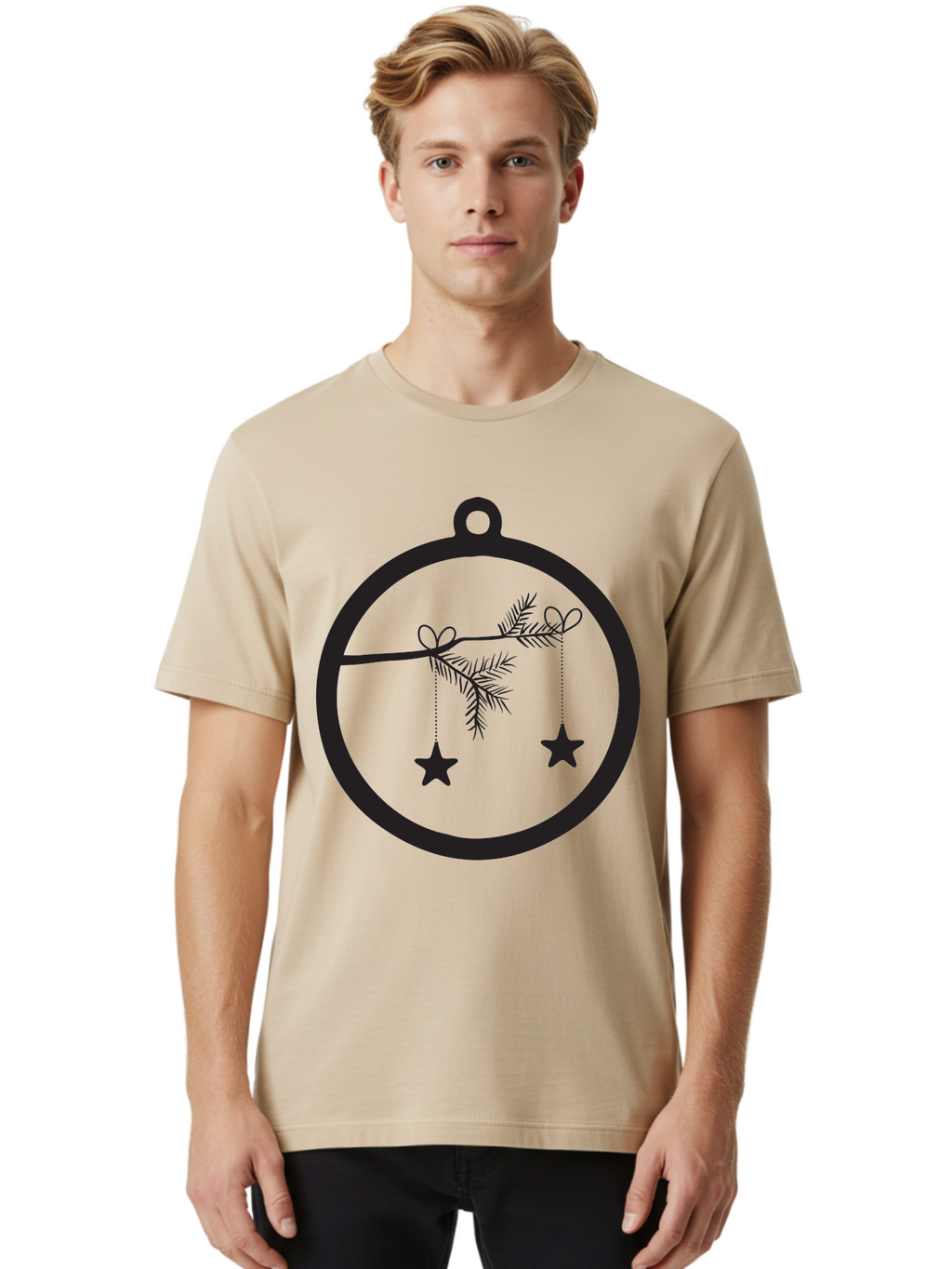 Bauble-With-Ornaments Men'S Graphic Tee, 100% Cotton, Comfortable Casual Summer Wear, Machine Washable, Christmas Decoration, Hanging Ornaments, Pine Branch, Star Decorations, Festive Design, Holiday Decor, Seasonal Theme, Xmas Tree Aac492