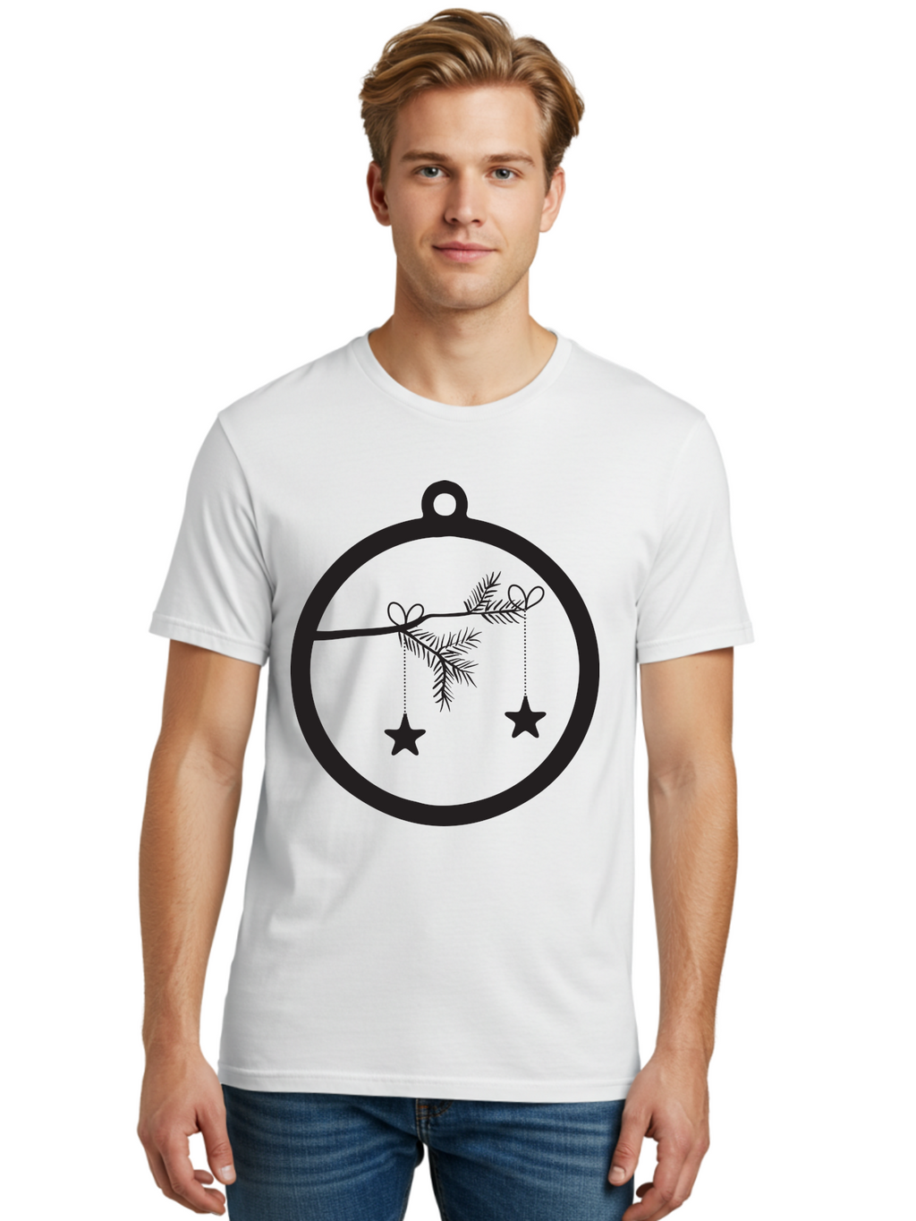 Bauble-With-Ornaments Men'S Graphic Tee, 100% Cotton, Comfortable Casual Summer Wear, Machine Washable, Christmas Decoration, Hanging Ornaments, Pine Branch, Star Decorations, Festive Design, Holiday Decor, Seasonal Theme, Xmas Tree Aac492