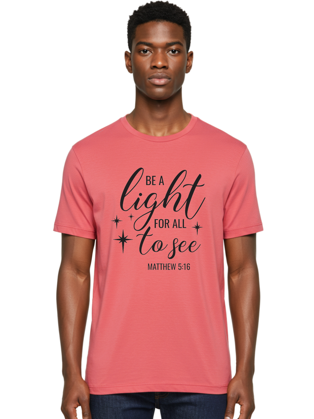 Be-A-Light-For-All-To-See Men'S Graphic Tee, 100% Cotton, Comfortable Casual Summer Wear, Machine Washable, Inspirational Quote, Biblical Verse, Matthew 5:16, Motivational Message, Be A Light, Positivity, Faith, Spirituality, Guidance, Aac493