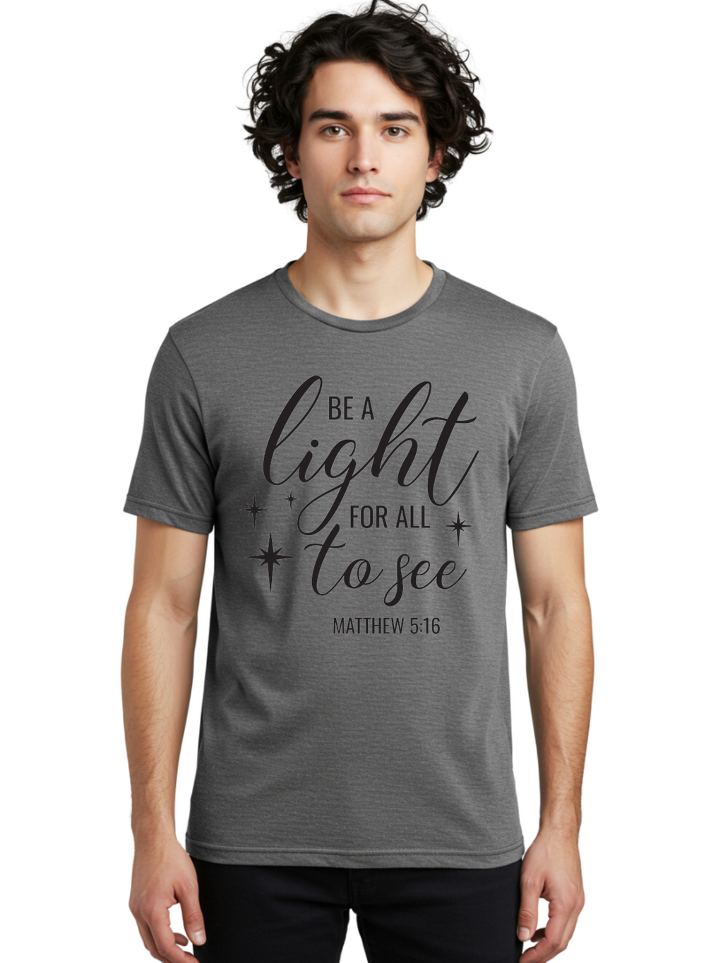 Be-A-Light-For-All-To-See Men'S Graphic Tee, 100% Cotton, Comfortable Casual Summer Wear, Machine Washable, Inspirational Quote, Biblical Verse, Matthew 5:16, Motivational Message, Be A Light, Positivity, Faith, Spirituality, Guidance, Aac493