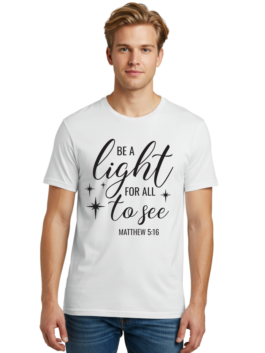 Be-A-Light-For-All-To-See Men'S Graphic Tee, 100% Cotton, Comfortable Casual Summer Wear, Machine Washable, Inspirational Quote, Biblical Verse, Matthew 5:16, Motivational Message, Be A Light, Positivity, Faith, Spirituality, Guidance, Aac493