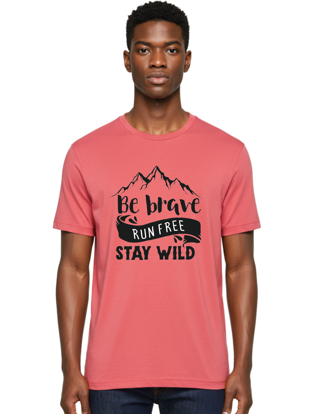 Be-Brave-Run-Free-Stay-Wild Men'S Graphic Tee, 100% Cotton, Comfortable Casual Summer Wear, Machine Washable, Inspirational Quote, Motivational Words, Bold Typography, Mountain Landscape, Running Free, Staying Wild, Brave Spirit, Freedom, Aac494