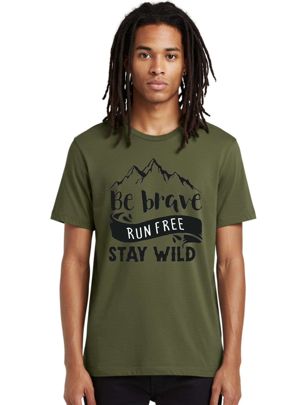 Be-Brave-Run-Free-Stay-Wild Men'S Graphic Tee, 100% Cotton, Comfortable Casual Summer Wear, Machine Washable, Inspirational Quote, Motivational Words, Bold Typography, Mountain Landscape, Running Free, Staying Wild, Brave Spirit, Freedom, Aac494