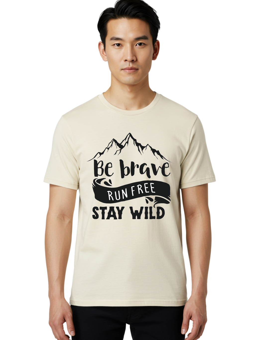 Be-Brave-Run-Free-Stay-Wild Men'S Graphic Tee, 100% Cotton, Comfortable Casual Summer Wear, Machine Washable, Inspirational Quote, Motivational Words, Bold Typography, Mountain Landscape, Running Free, Staying Wild, Brave Spirit, Freedom, Aac494