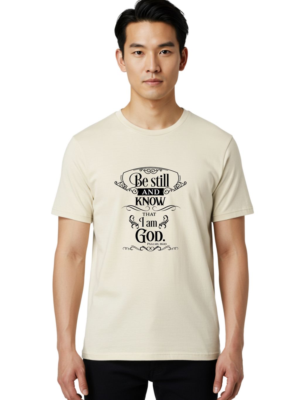 Be-Still-And-Know-That-I-Am-God Men'S Graphic Tee, 100% Cotton, Comfortable Casual Summer Wear, Machine Washable, Inspirational Quote, Bible Verse, Psalms 46:10, Motivational Words, Faith-Based Art, Spiritual Message, Stillness, Aac500