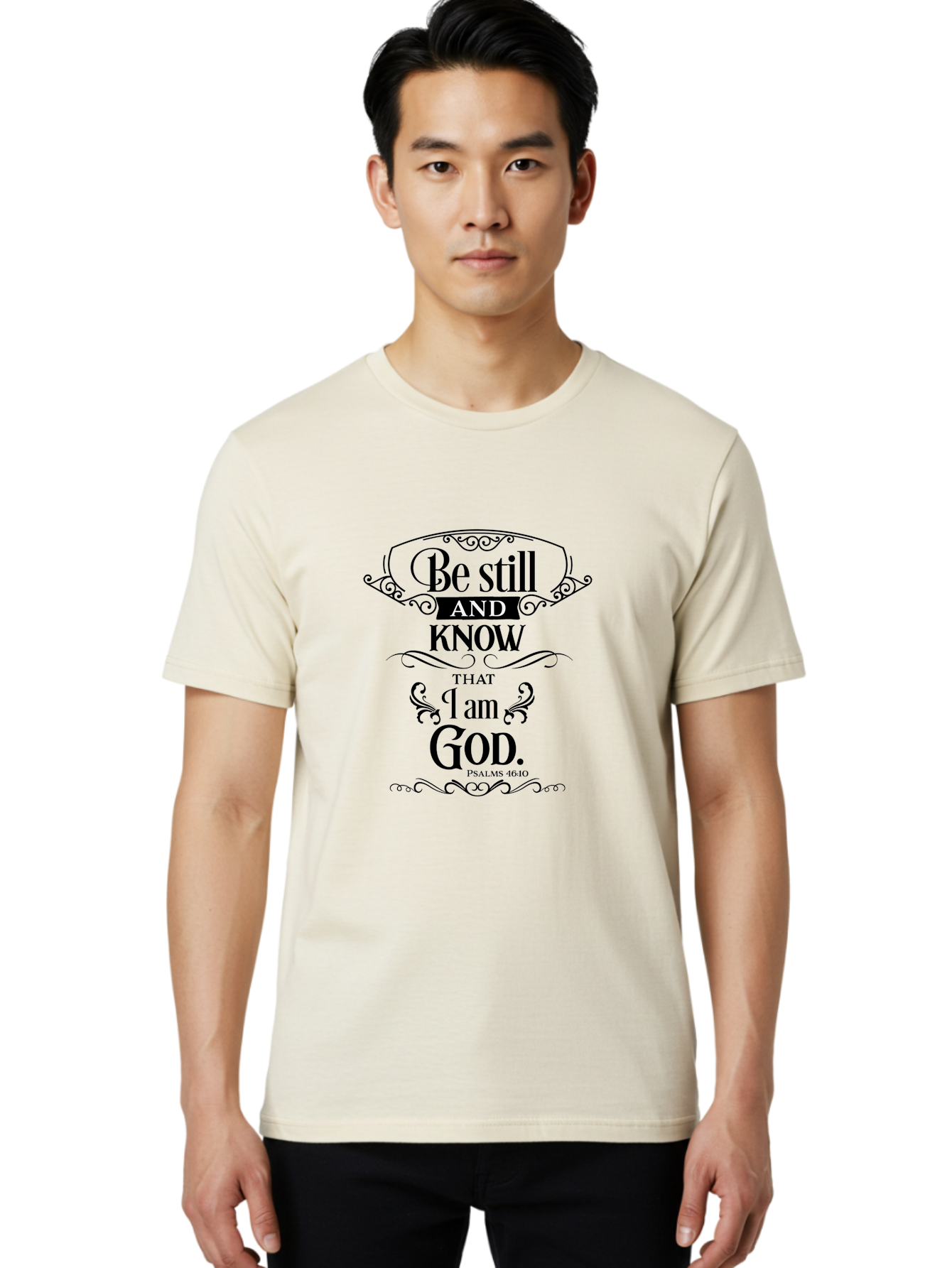 Be-Still-And-Know-That-I-Am-God Men'S Graphic Tee, 100% Cotton, Comfortable Casual Summer Wear, Machine Washable, Inspirational Quote, Bible Verse, Psalms 46:10, Motivational Words, Faith-Based Art, Spiritual Message, Stillness, Aac500