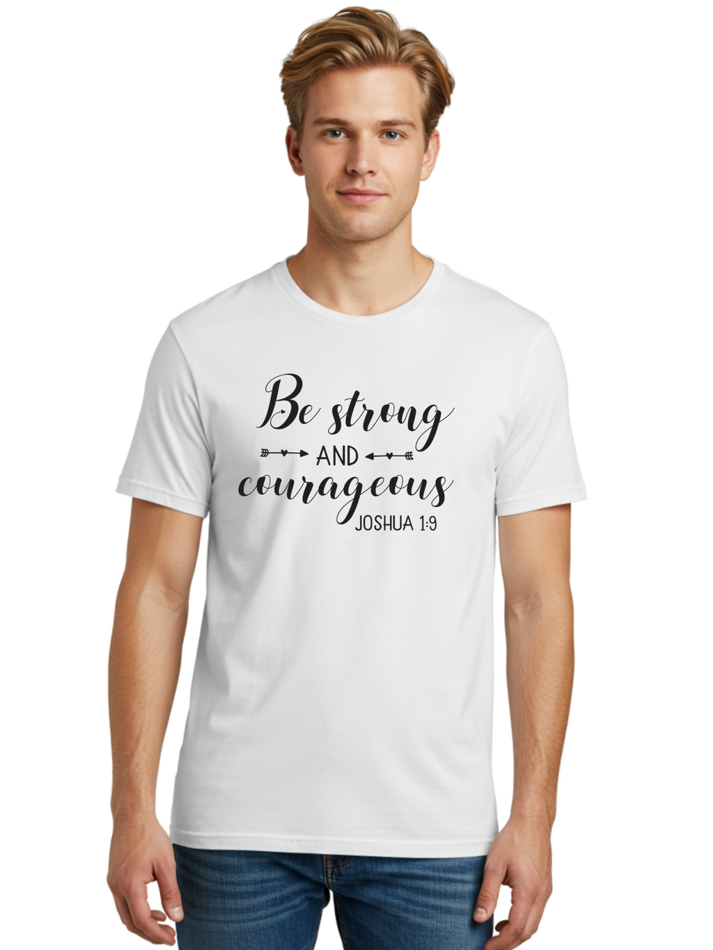 Be-Strong-And-Courageous Men'S Graphic Tee, 100% Cotton, Comfortable Casual Summer Wear, Machine Washable, Inspirational Quote, Motivational Words, Biblical Phrase, Joshua 1:9, Be Strong, Be Courageous, Arrow Symbols, Scripture Art, Aac501