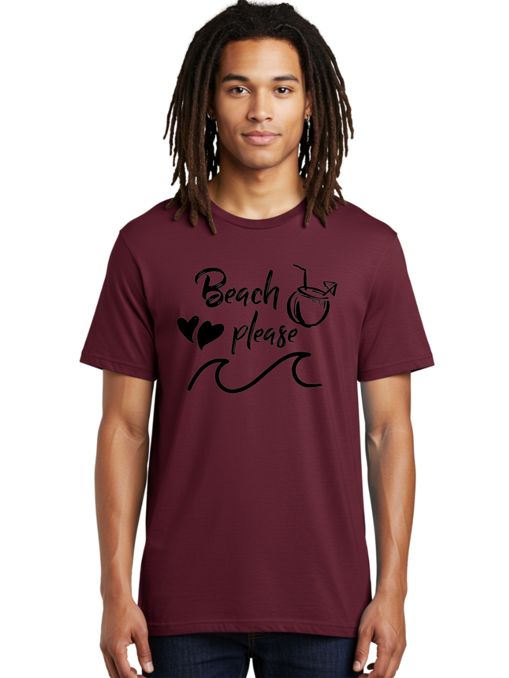 Beach-Please Men'S Graphic Tee, 100% Cotton, Comfortable Casual Summer Wear, Machine Washable, Beach Vibes, Summer Getaway, Tropical Paradise, Coconut Drink, Ocean Waves, Wavy Line Art, Black Hearts, Beachy Feel, Vacation Mode Aac503