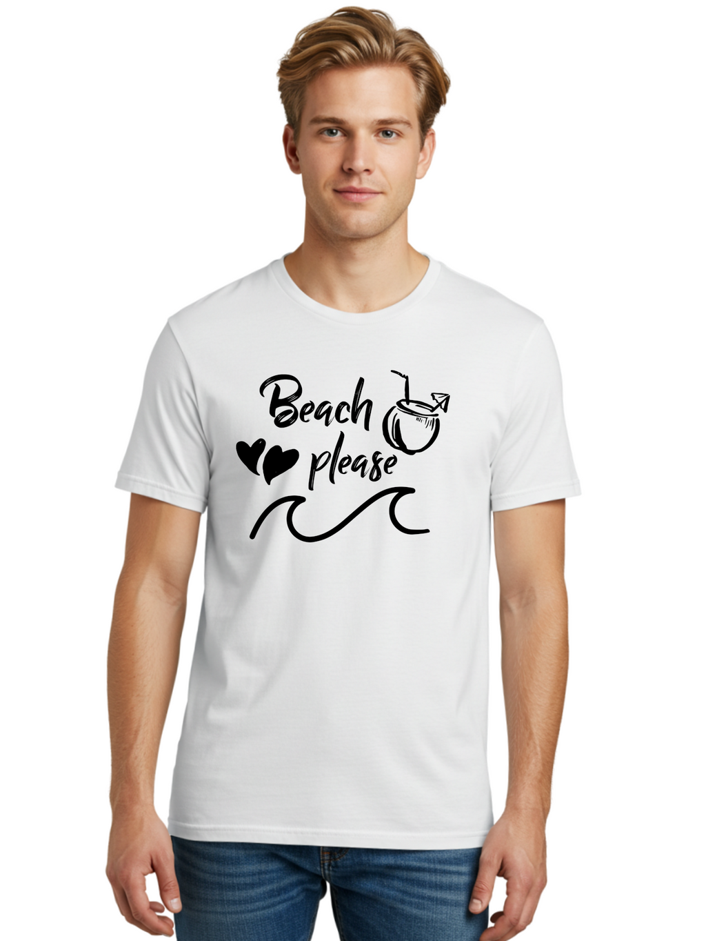 Beach-Please Men'S Graphic Tee, 100% Cotton, Comfortable Casual Summer Wear, Machine Washable, Beach Vibes, Summer Getaway, Tropical Paradise, Coconut Drink, Ocean Waves, Wavy Line Art, Black Hearts, Beachy Feel, Vacation Mode Aac503