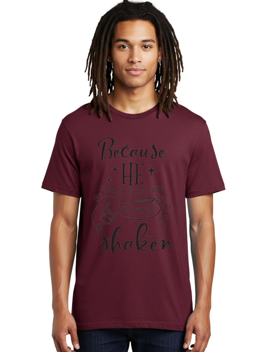 Because-He-Is-At-My-Right-Hand-I-Will-Not-Be-Shaken Men'S Graphic Tee, 100% Cotton, Comfortable Casual Summer Wear, Machine Washable, Inspirational Quote, Motivational Phrase, Faith-Based Design, Spiritual Message, Bible Verse, Scripture Art, Aac505