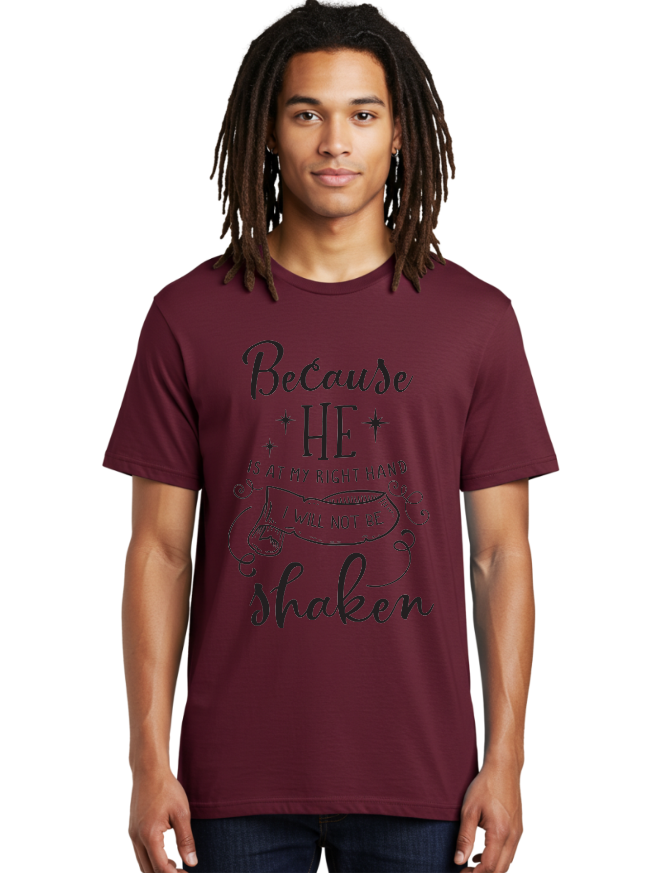Because-He-Is-At-My-Right-Hand-I-Will-Not-Be-Shaken Men'S Graphic Tee, 100% Cotton, Comfortable Casual Summer Wear, Machine Washable, Inspirational Quote, Motivational Phrase, Faith-Based Design, Spiritual Message, Bible Verse, Scripture Art, Aac505