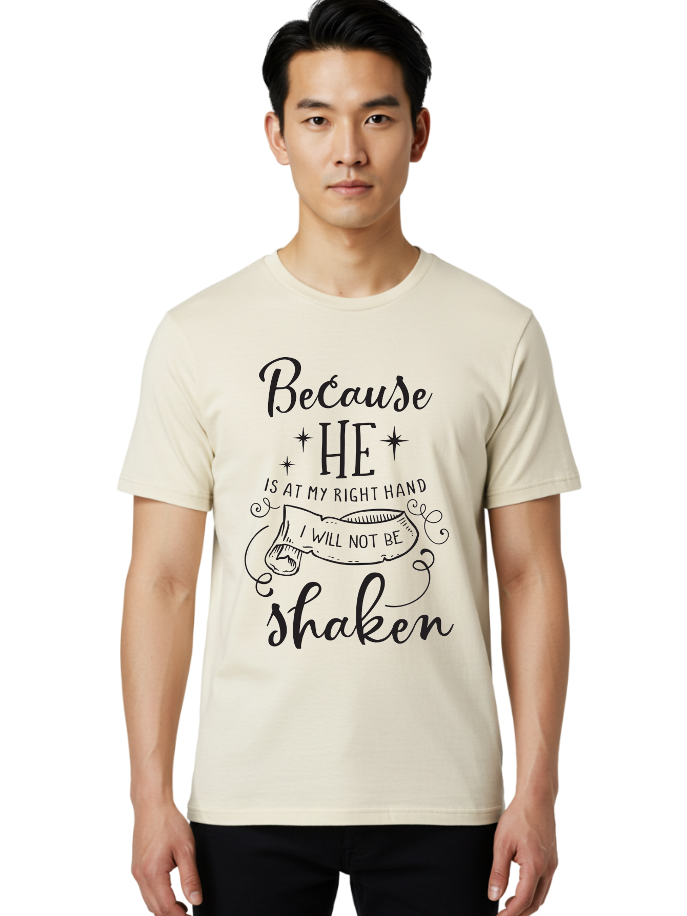 Because-He-Is-At-My-Right-Hand-I-Will-Not-Be-Shaken Men'S Graphic Tee, 100% Cotton, Comfortable Casual Summer Wear, Machine Washable, Inspirational Quote, Motivational Phrase, Faith-Based Design, Spiritual Message, Bible Verse, Scripture Art, Aac505