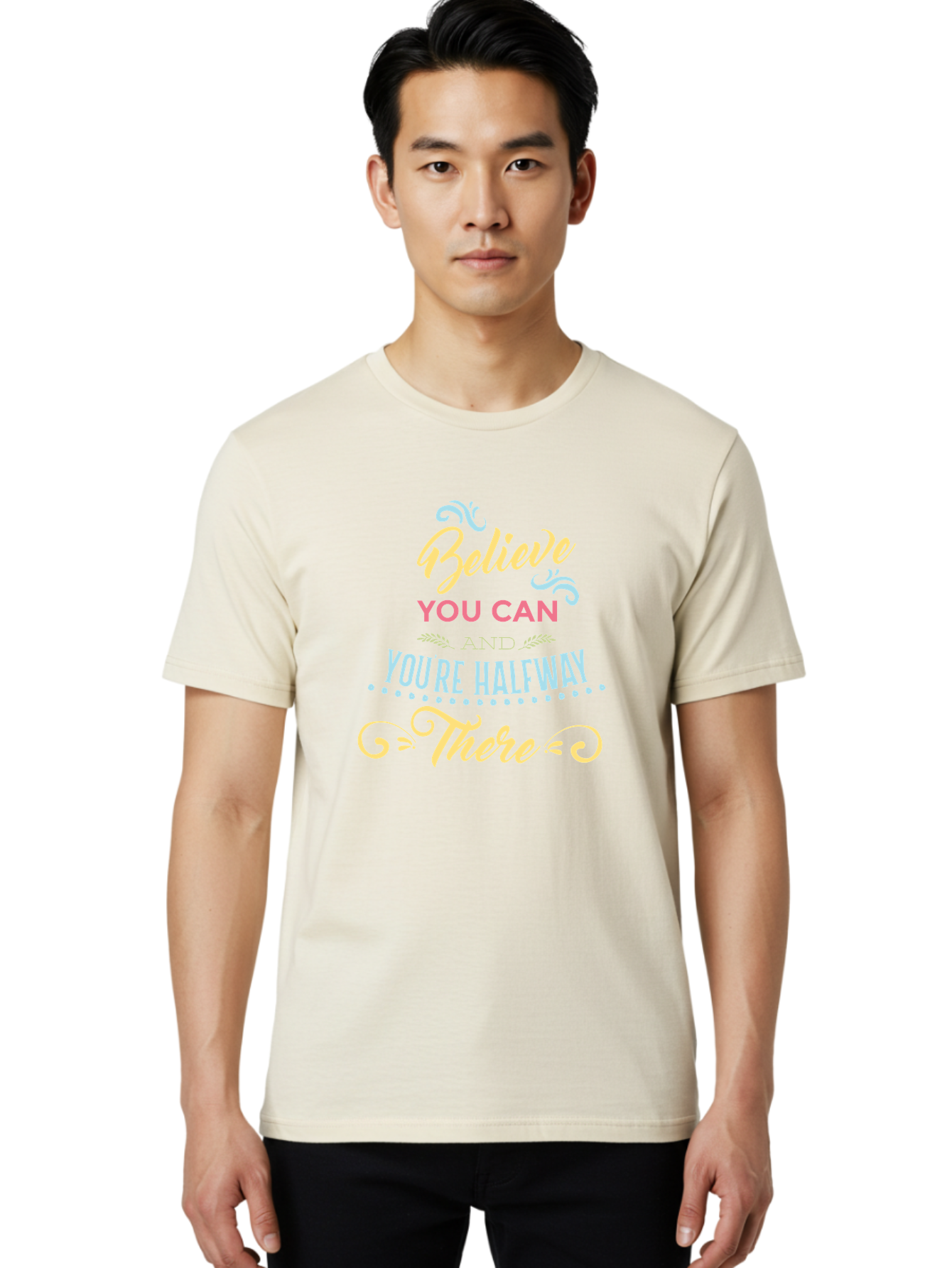 Believe-You-Can-And-You-Re-Halfway-There Men'S Graphic Tee, 100% Cotton, Comfortable Casual Summer Wear, Machine Washable, Motivational Quote, Believe In Yourself, Positive Affirmation, Inspirational Message, Empowerment, Confidence, Aac507