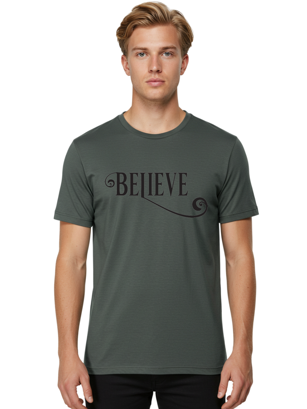 Believe Men'S Graphic Tee, 100% Cotton, Comfortable Casual Summer Wear, Machine Washable, Believe, Motivational Quote, Inspirational Message, Typography Art, Positive Affirmation, Empowerment, Self-Belief, Confidence Boost, Decorative Swirls, Aac508