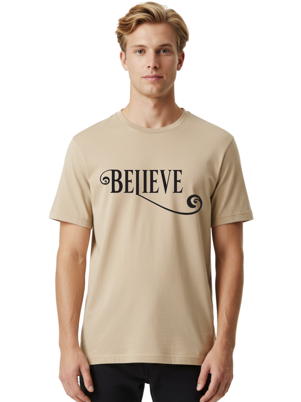 Believe Men'S Graphic Tee, 100% Cotton, Comfortable Casual Summer Wear, Machine Washable, Believe, Motivational Quote, Inspirational Message, Typography Art, Positive Affirmation, Empowerment, Self-Belief, Confidence Boost, Decorative Swirls, Aac508