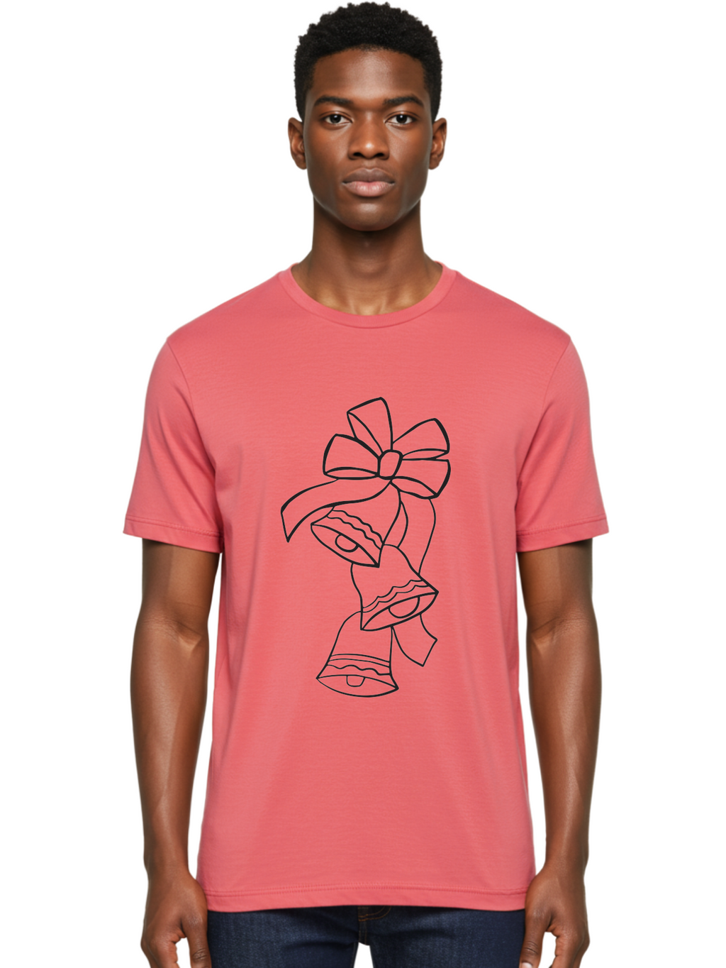 Bells-With-Bow Men'S Graphic Tee, 100% Cotton, Comfortable Casual Summer Wear, Machine Washable, Christmas Bells, Holiday Decor, Festive Decoration, Jingle Bells, Ribbon Bow, Black Outline, Simple Design, Minimalist Art, Winter Theme Aac510