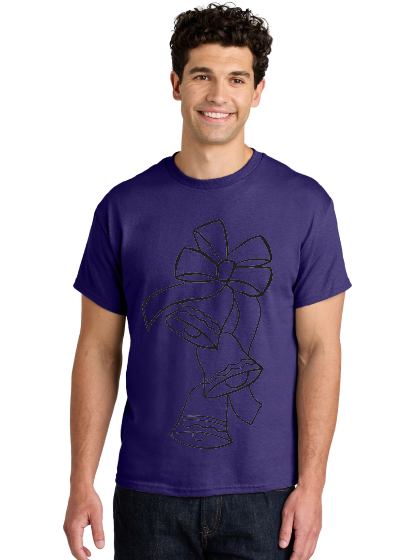 Bells-With-Bow Men'S Graphic Tee, 100% Cotton, Comfortable Casual Summer Wear, Machine Washable, Christmas Bells, Holiday Decor, Festive Decoration, Jingle Bells, Ribbon Bow, Black Outline, Simple Design, Minimalist Art, Winter Theme Aac510