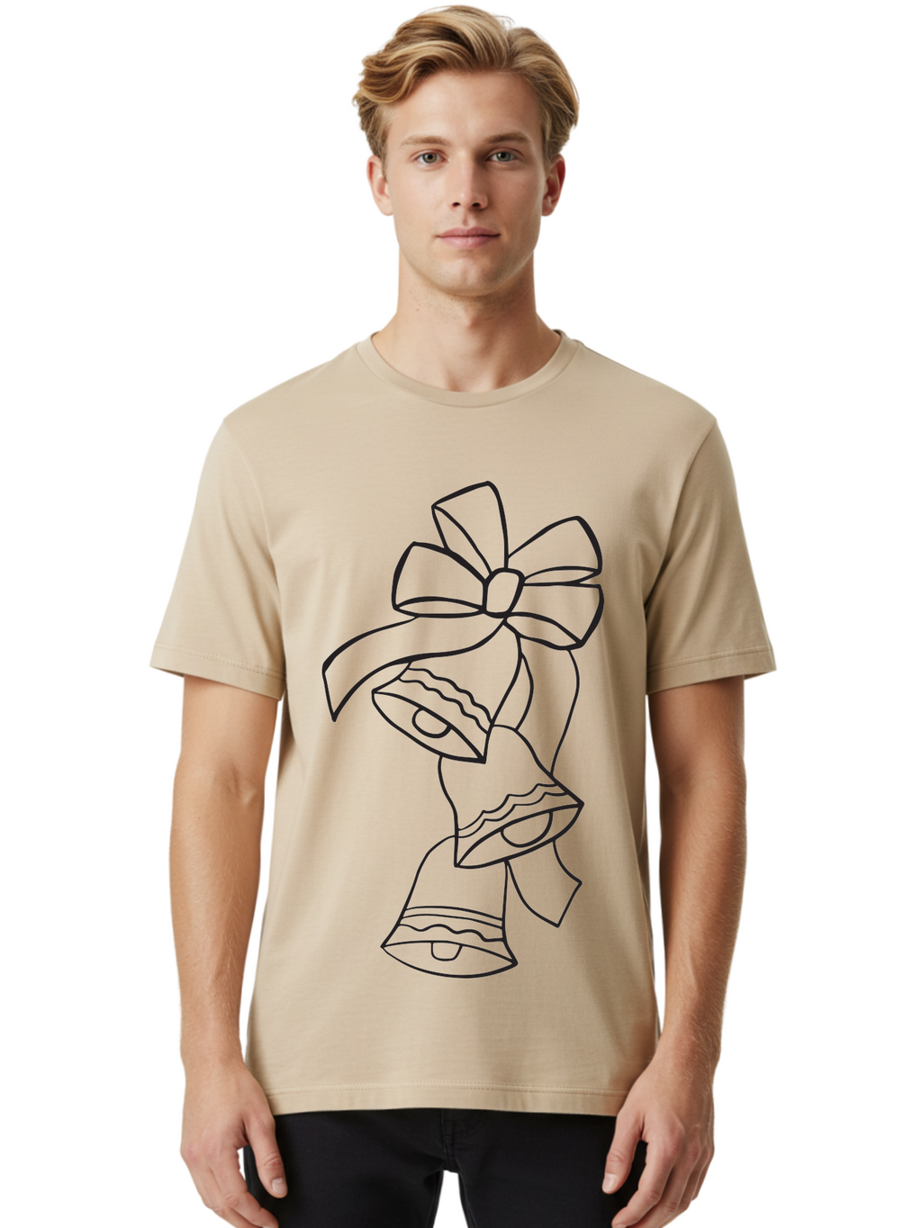 Bells-With-Bow Men'S Graphic Tee, 100% Cotton, Comfortable Casual Summer Wear, Machine Washable, Christmas Bells, Holiday Decor, Festive Decoration, Jingle Bells, Ribbon Bow, Black Outline, Simple Design, Minimalist Art, Winter Theme Aac510