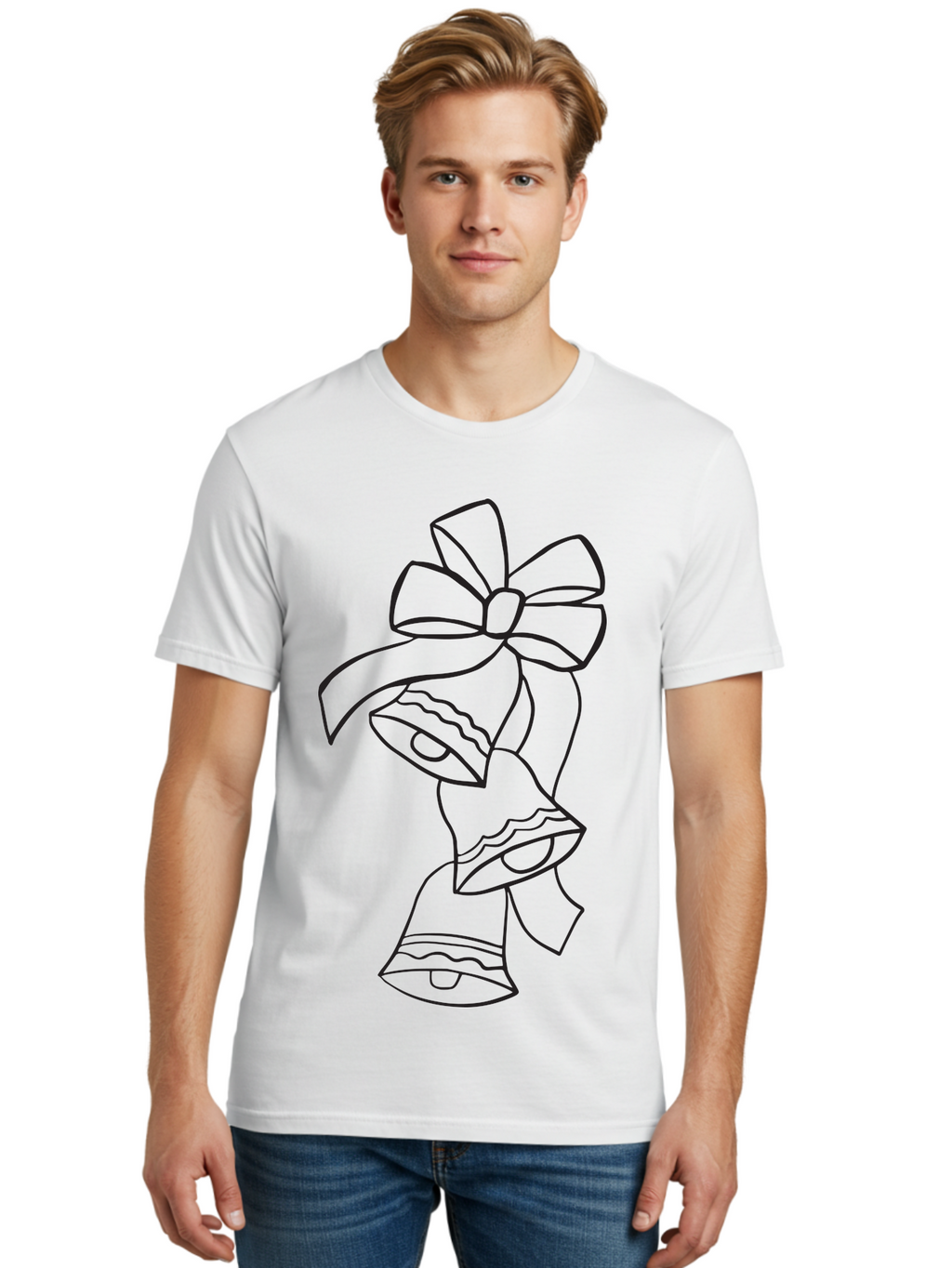 Bells-With-Bow Men'S Graphic Tee, 100% Cotton, Comfortable Casual Summer Wear, Machine Washable, Christmas Bells, Holiday Decor, Festive Decoration, Jingle Bells, Ribbon Bow, Black Outline, Simple Design, Minimalist Art, Winter Theme Aac510