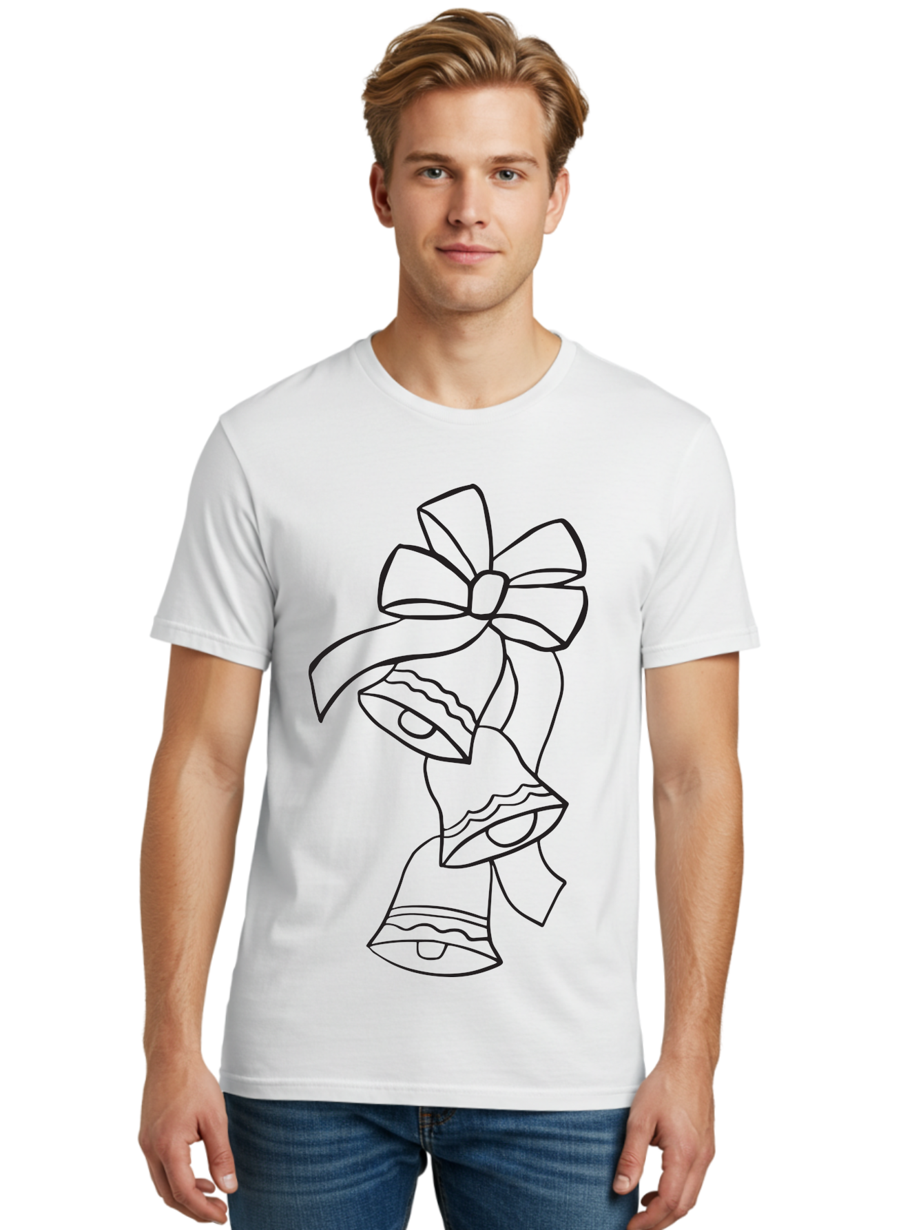 Bells-With-Bow Men'S Graphic Tee, 100% Cotton, Comfortable Casual Summer Wear, Machine Washable, Christmas Bells, Holiday Decor, Festive Decoration, Jingle Bells, Ribbon Bow, Black Outline, Simple Design, Minimalist Art, Winter Theme Aac510