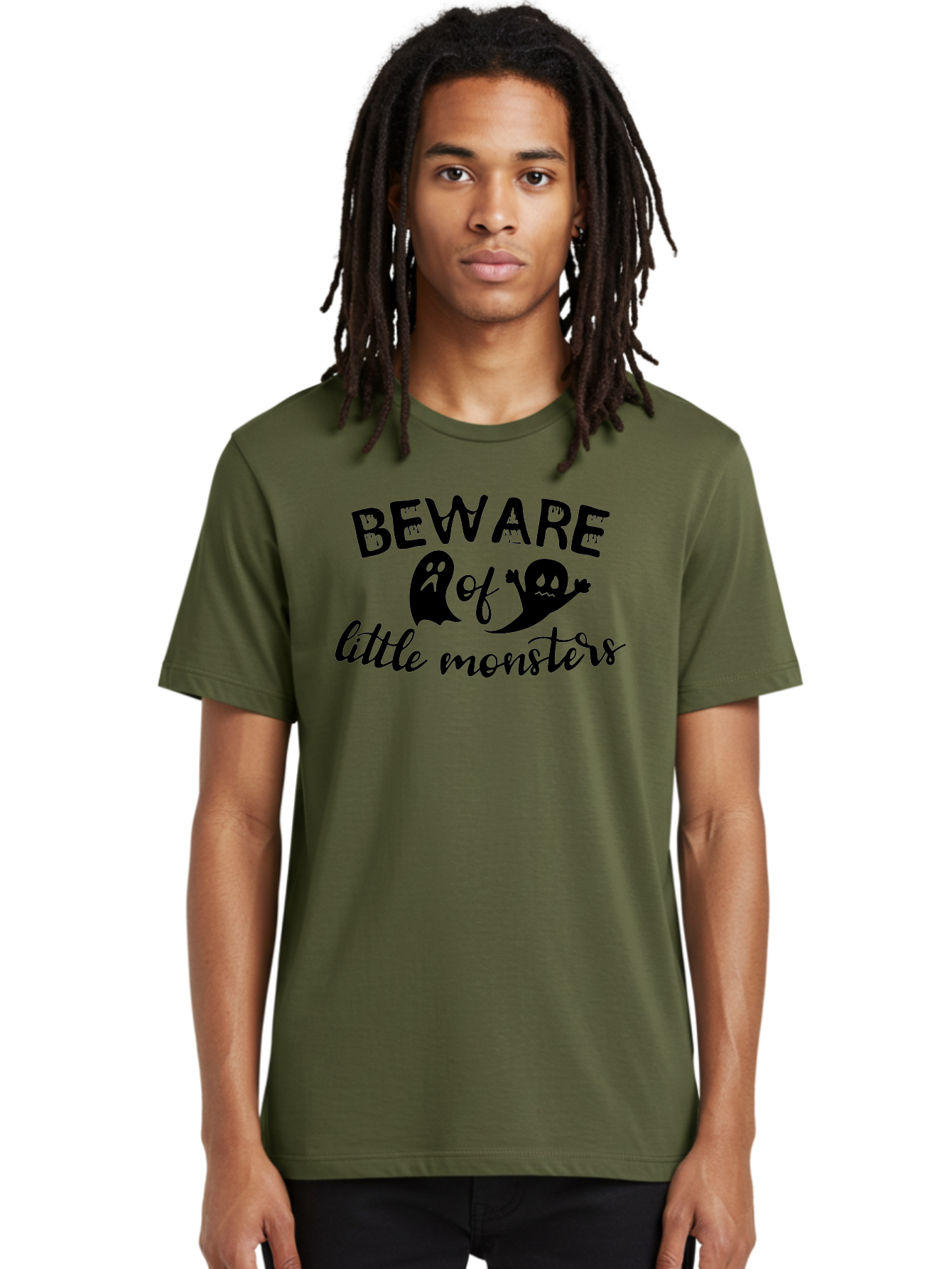 Beware-Of-Little-Monsters Men'S Graphic Tee, 100% Cotton, Comfortable Casual Summer Wear, Machine Washable, Halloween Graphic, Beware Of Little Monsters, Ghostly Figures, Spooky Atmosphere, Black Silhouettes, Creepy Warning, Halloween Theme, Aac513